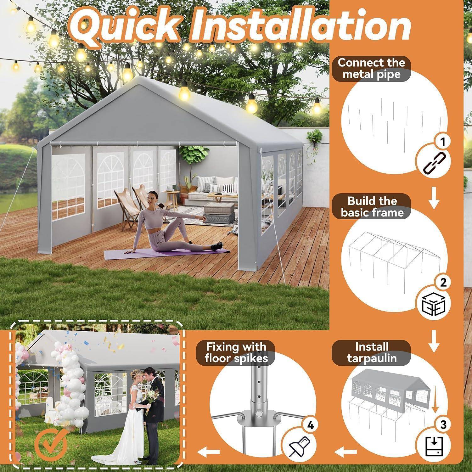 Schnelle Installationsanleitung für einen Pavillon: Metallrohre verbinden, das Grundgerüst bauen, die Plane anbringen und mit Bodenspießen befestigen.