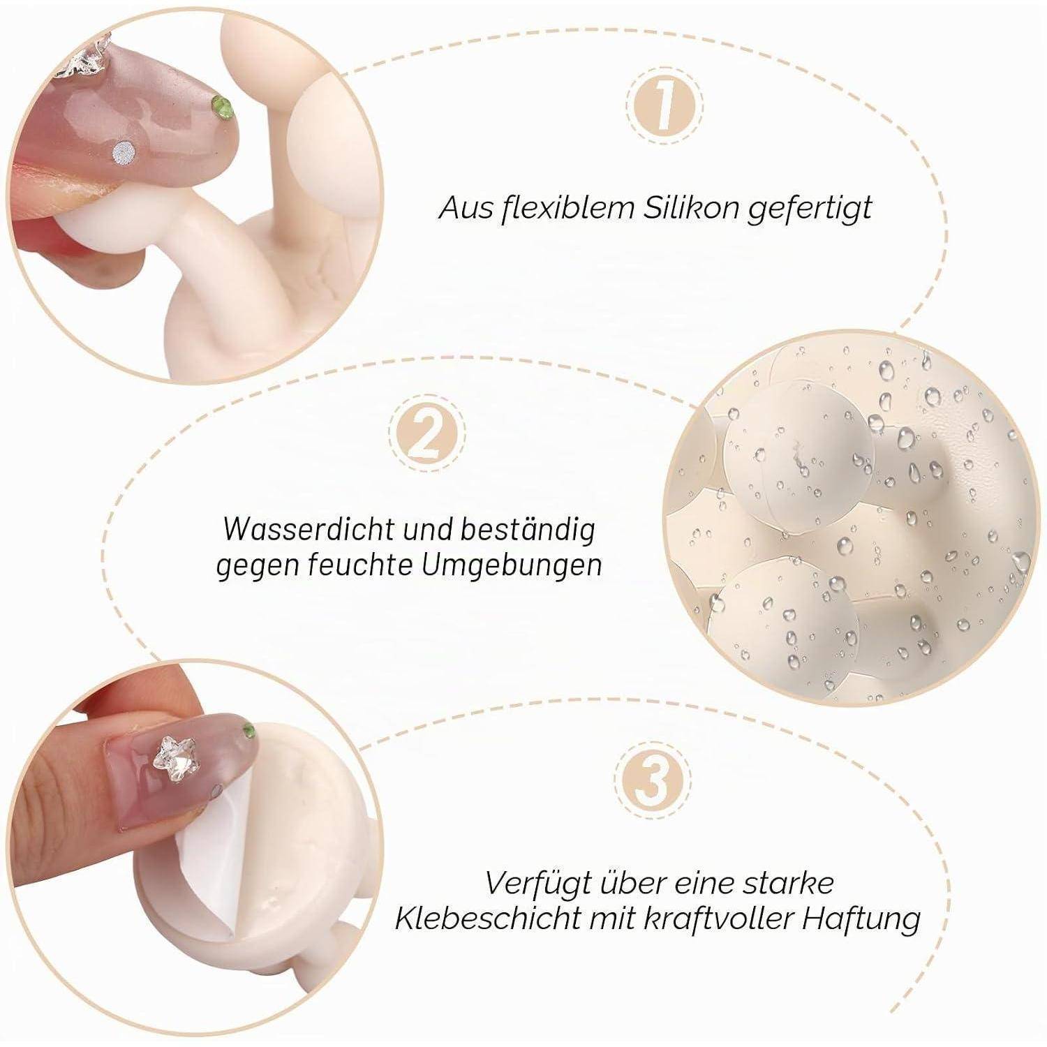 Infografik eines Silikon-Haftpflasters: 1 flexibles Silikon, 2 wasserdicht und feuchtigkeitsbeständig, 3 starker Klebstoff für festen Halt.