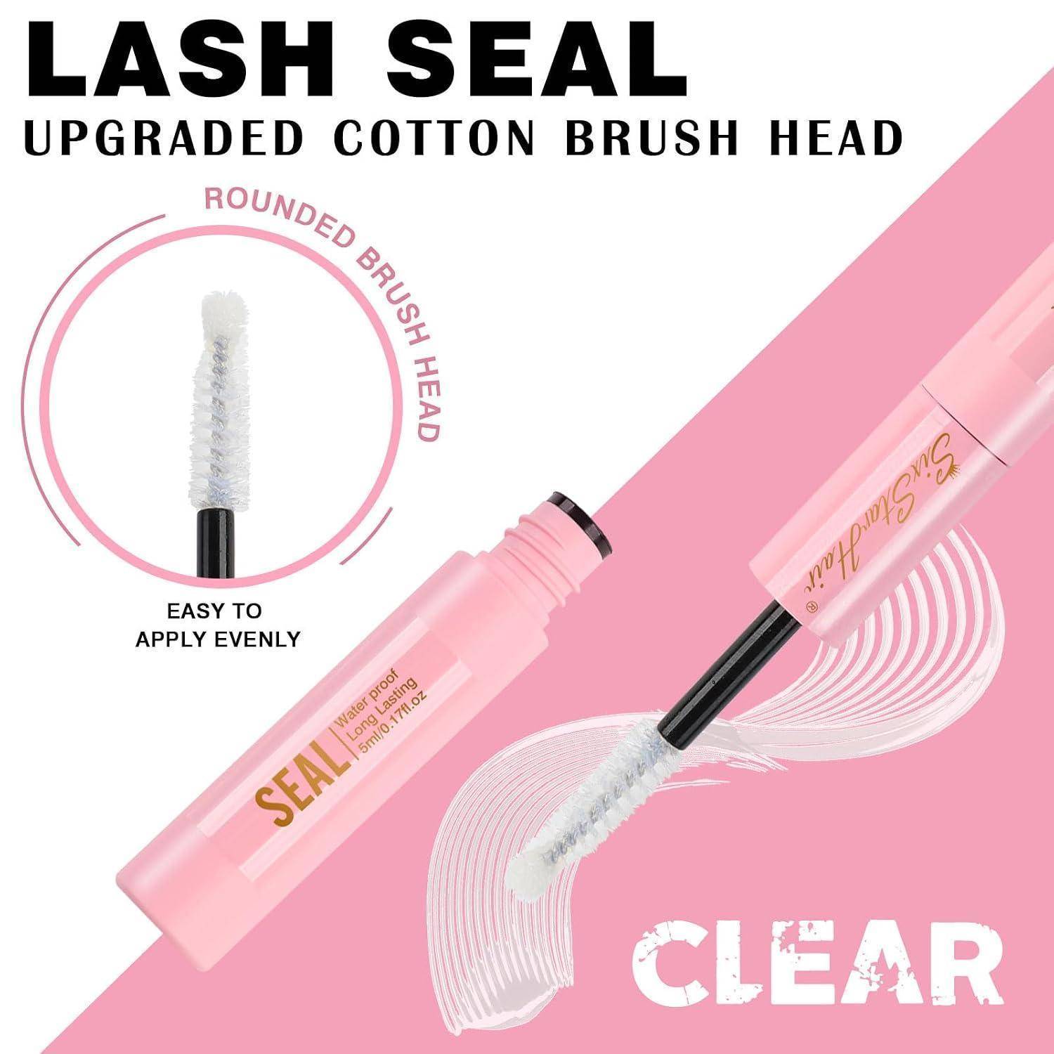 Wimpern-Versiegelungs-Mascara-Produktanzeige in Pink, die einen klaren Bürsten-Applikator aus Baumwolle zeigt, mit dem Text „LASH SEAL