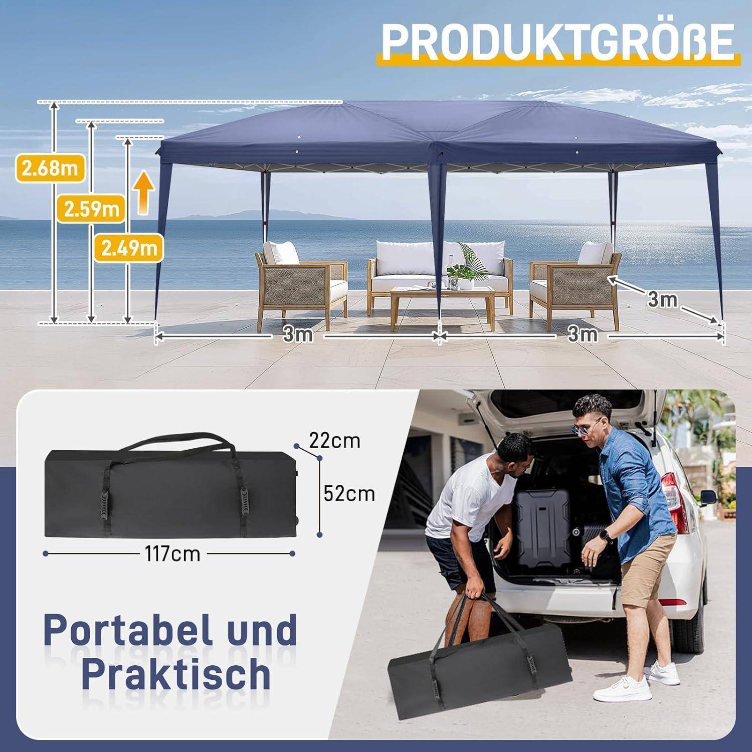 Produktgrößen-Grafik für ein 3m Pavillon: Höhenoptionen 2,68m, 2,59m, 2,49m; Transporttasche 117 x 52 x 22 cm; tragbar und praktisch.