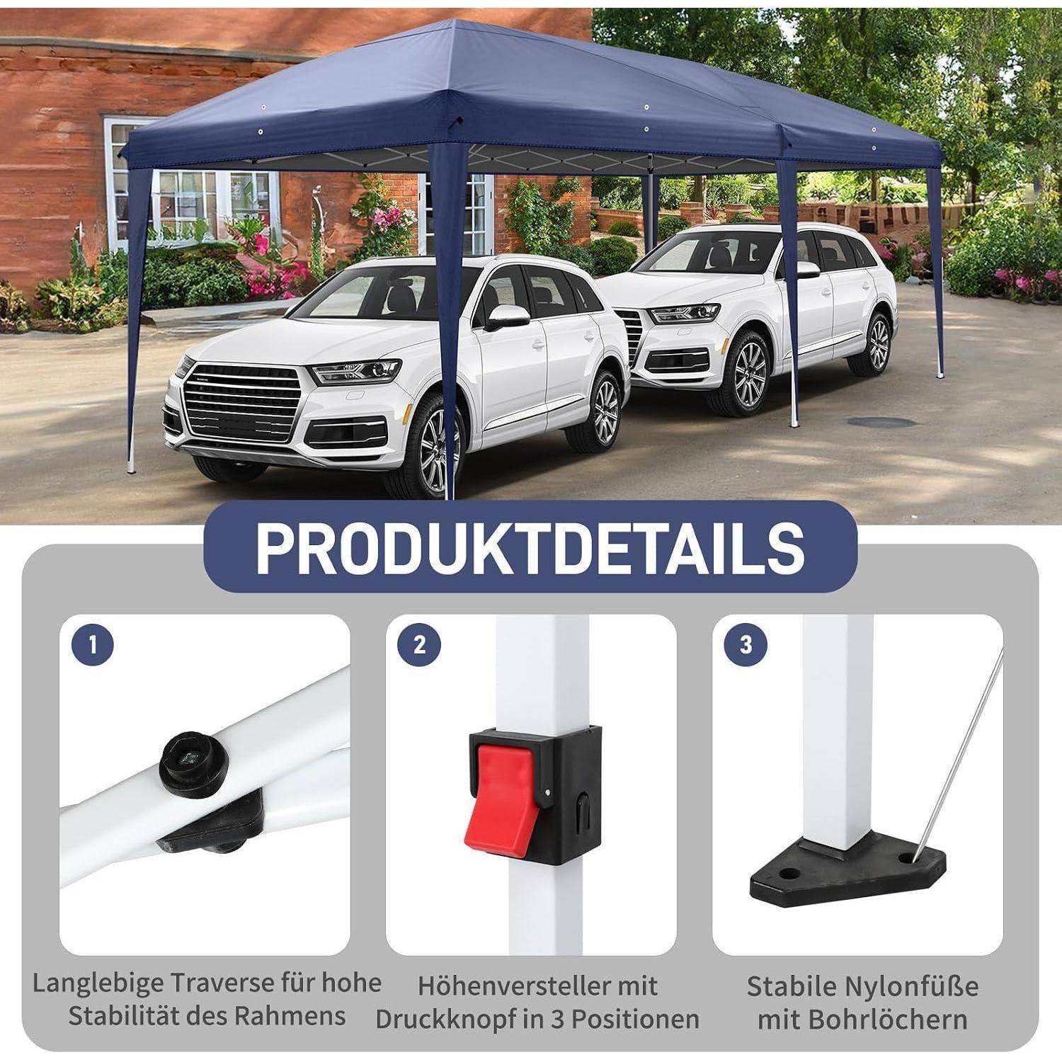 Produktdetailgrafik für ein Carport-Vordach über zwei weißen SUVs, mit drei Nahaufnahmen, die zeigen: robuste Rahmenverbindungen, eine 3-Positionen-Drucktaster-Höhenverstellung und stabile Nylonfüße mit Bohrungen.