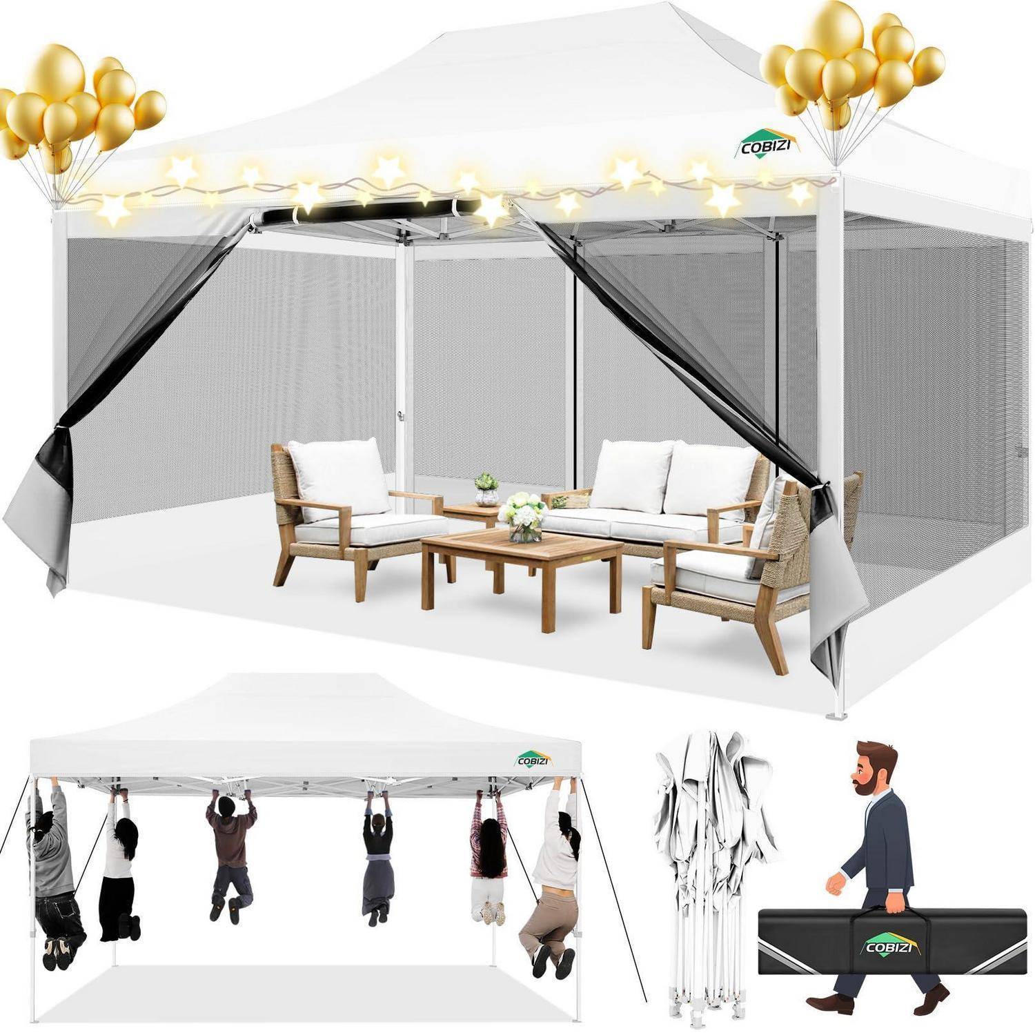 Werbekollage eines weißen Popup-Baldachins mit Ballondekorationen und Loungesessel, plus eine zweite Aufnahme, die zeigt, wie Menschen am Rahmen hängen und diesen in einem Koffer tragen.