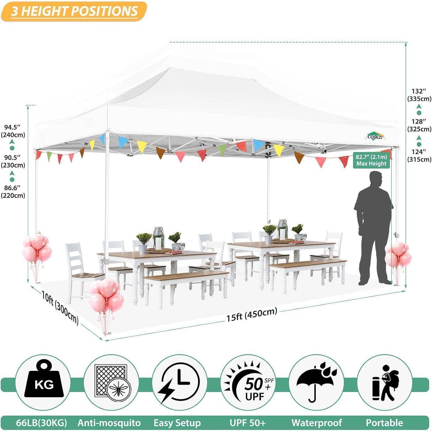 Illustration eines 3 m x 4,5 m großen Gazebo-Baldachins mit 3 Höhenpositionen, maximale Höhe 335 cm, und Merkmalen: 30 kg Gewicht, Moskitoschutz, einfacher Aufbau, UPF 50+, wasserdicht, tragbar.
