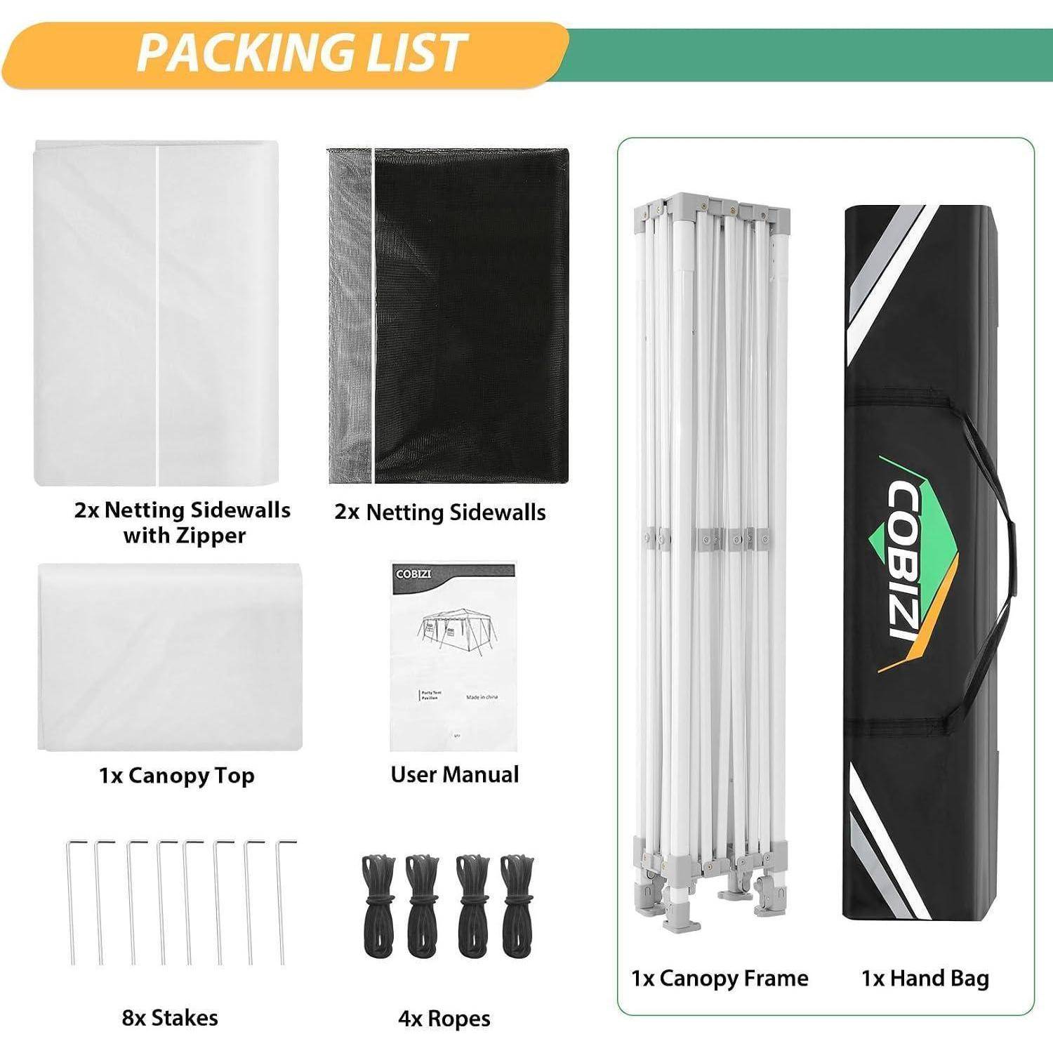 Packliste mit 2 Seitenwänden aus Netzstoff mit Reißverschluss, 2 Seitenwänden aus Netzstoff, Dachplane, Benutzerhandbuch, 8 Heringen, 4 Seilen, Rahmen der Dachplane und Tasche.