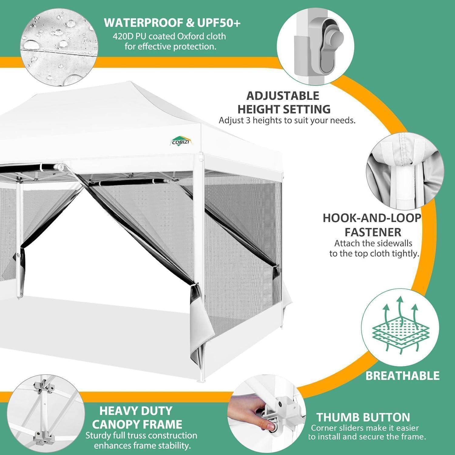 Infografik eines weißen Pop-Up-Pavillon-Zeltes mit Hervorhebung des wasserdichten UPF50+-Stoffs, verstellbarer Höhe, Klettverschluss, atmungsaktiven Seitenwänden und schwere Rahmen mit Druckknopfecken.