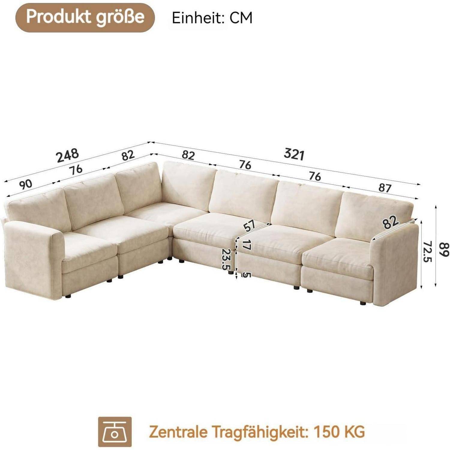 L-förmiges beiges Ecksofa mit beschrifteten Abmessungen in cm: 321 cm lang, 248 cm tief, 89 cm hoch; Tragfähigkeit in der Mitte 150 kg.