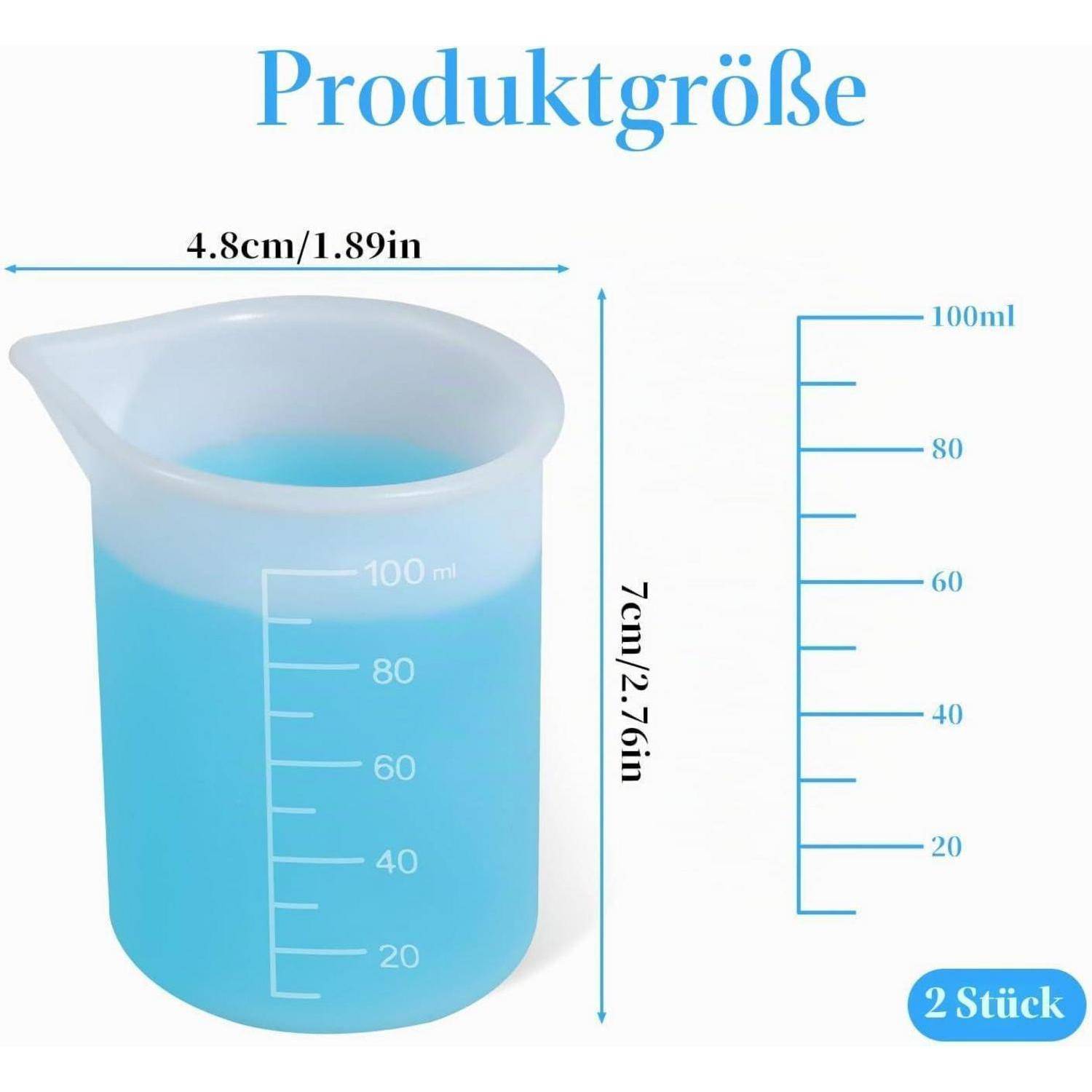 Produktgrößen-Diagramm eines blauen Messzylinders: 7 cm hoch, 4,8 cm breit, mit einer Skala von 20–100 ml gekennzeichnet; mit „2 Stück" beschriftet.