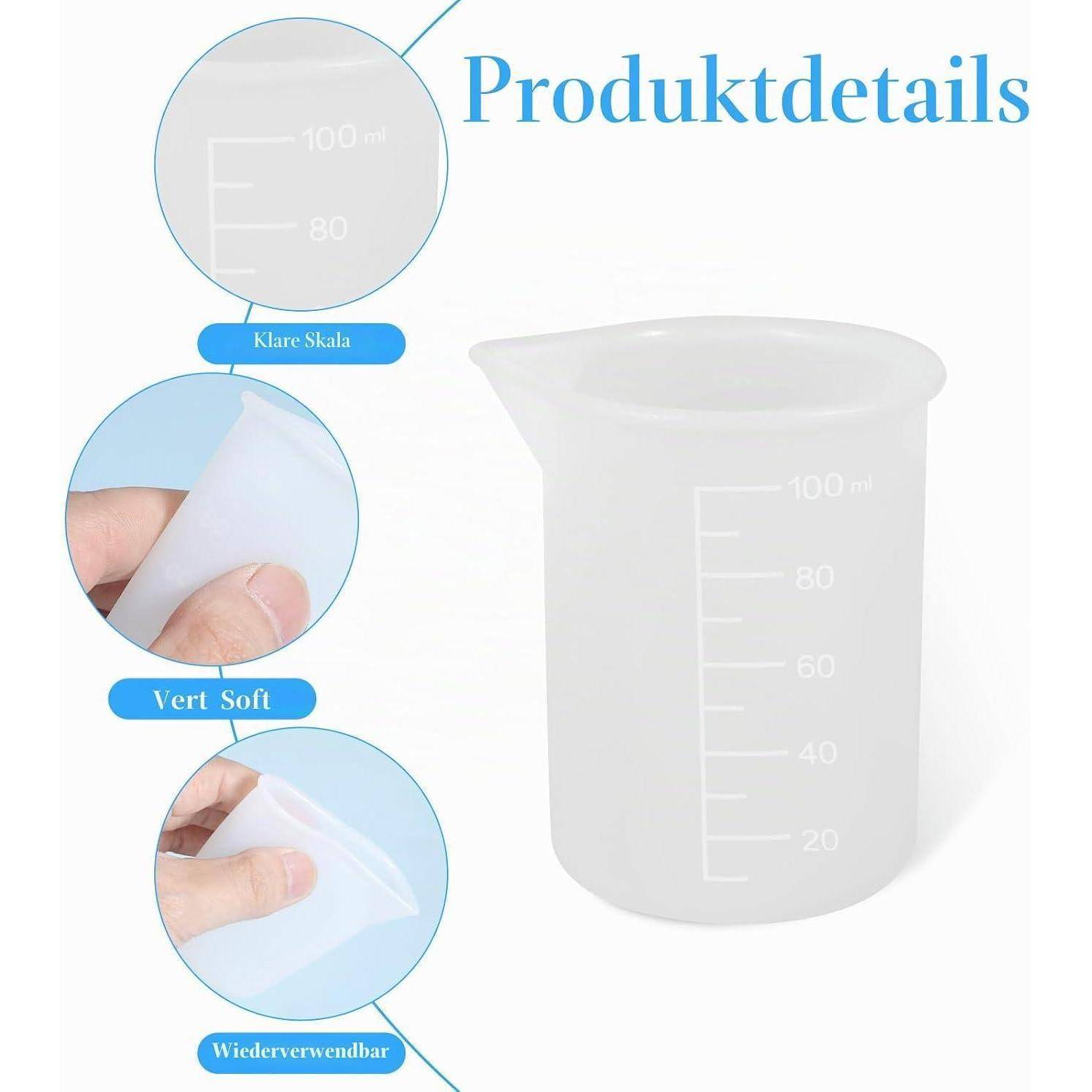 Produktdetails für einen durchscheinenden Messbecher mit klarer Skala, flexiblem Material und wiederverwendbarem Design.