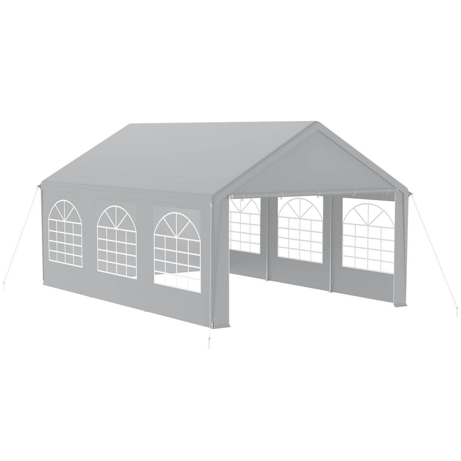 Graues Outdoor-Veranstaltungszelt mit Spitzdach und gewölbten Fensterblenden, auf einer Seite offen gezeigt mit Eingang an der Front.