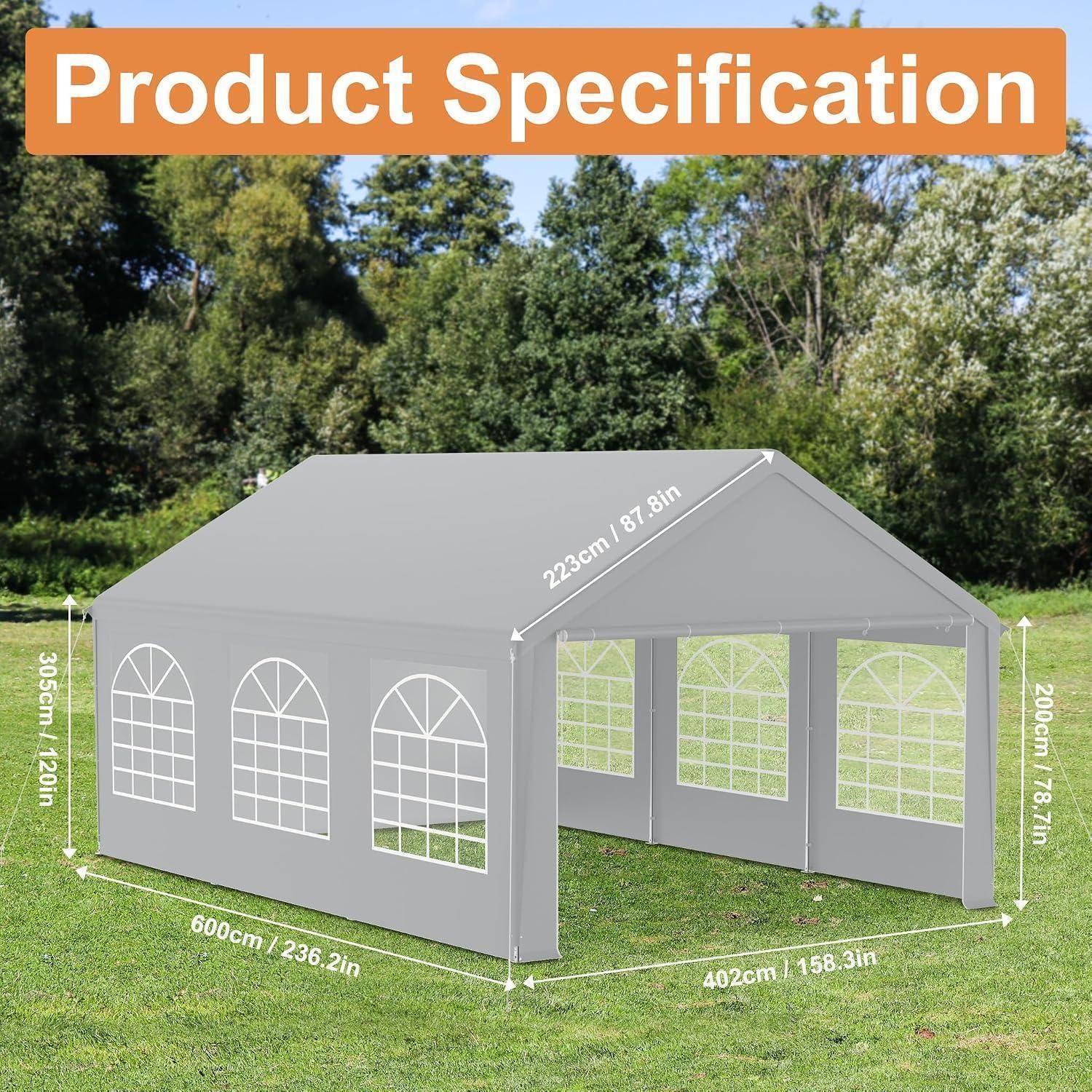 Produktspezifikation eines grauen Outdoor-Pavillon-Zelts mit Seitenwänden und gewölbten Fenstern, mit den Abmessungen 600cm x 402cm x 305cm und 223cm Dachhöhe.