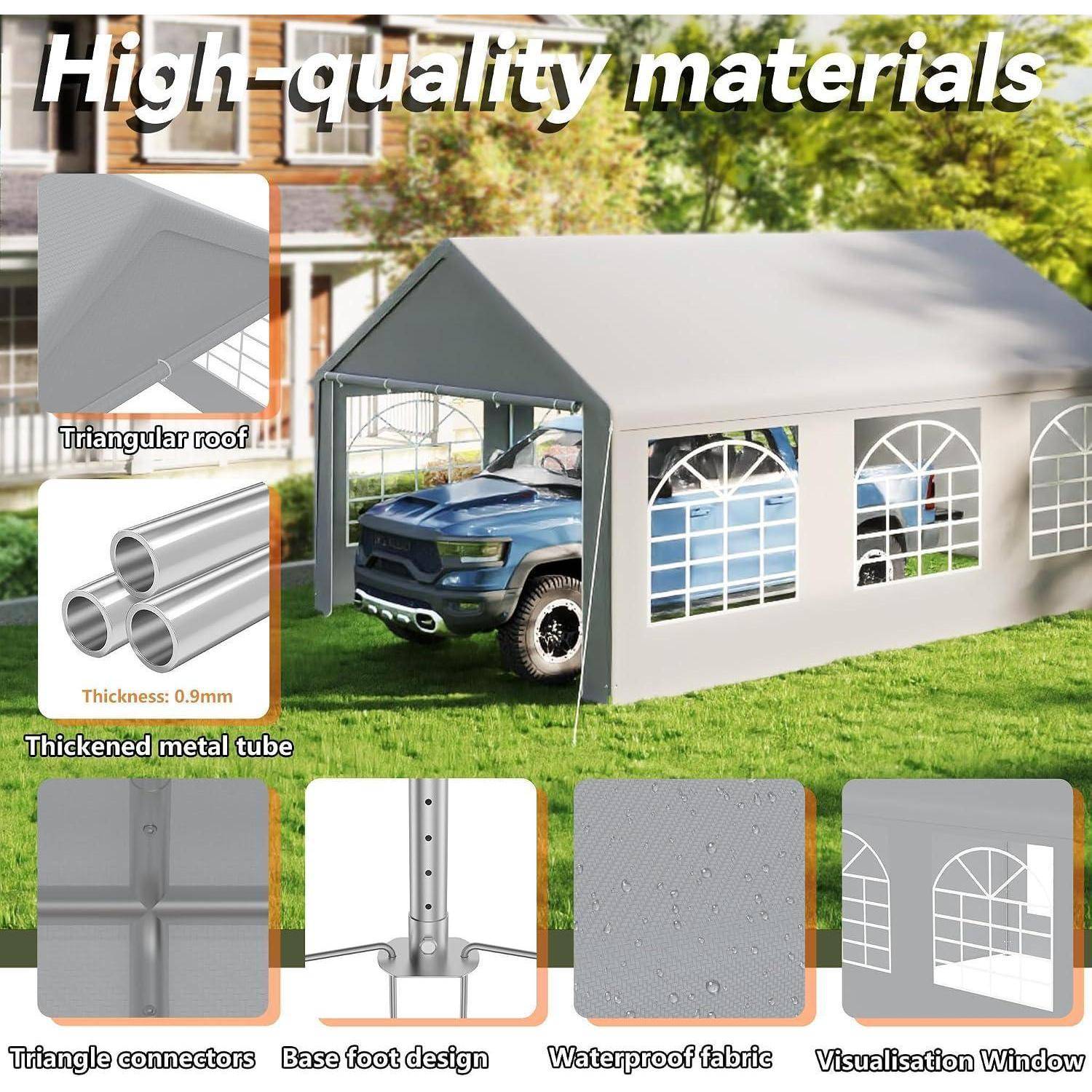 Bild eines grauen Carport-Zelts mit einem Pickup-Truck im Inneren, beschriftet mit „Hochwertige Materialien
