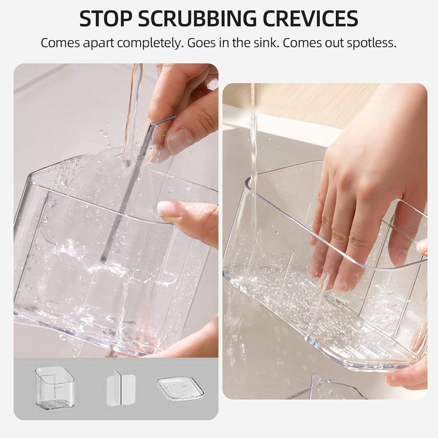 Anzeige zeigt einen durchsichtigen Kunststoff-Scheuerbürsten-Halter unter fließendem Wasser, mit Text: 'STOP SCRUBBING CREVICES' und 'Zerfällt komplett. Geht in die Spüle. Kommt makellos heraus.