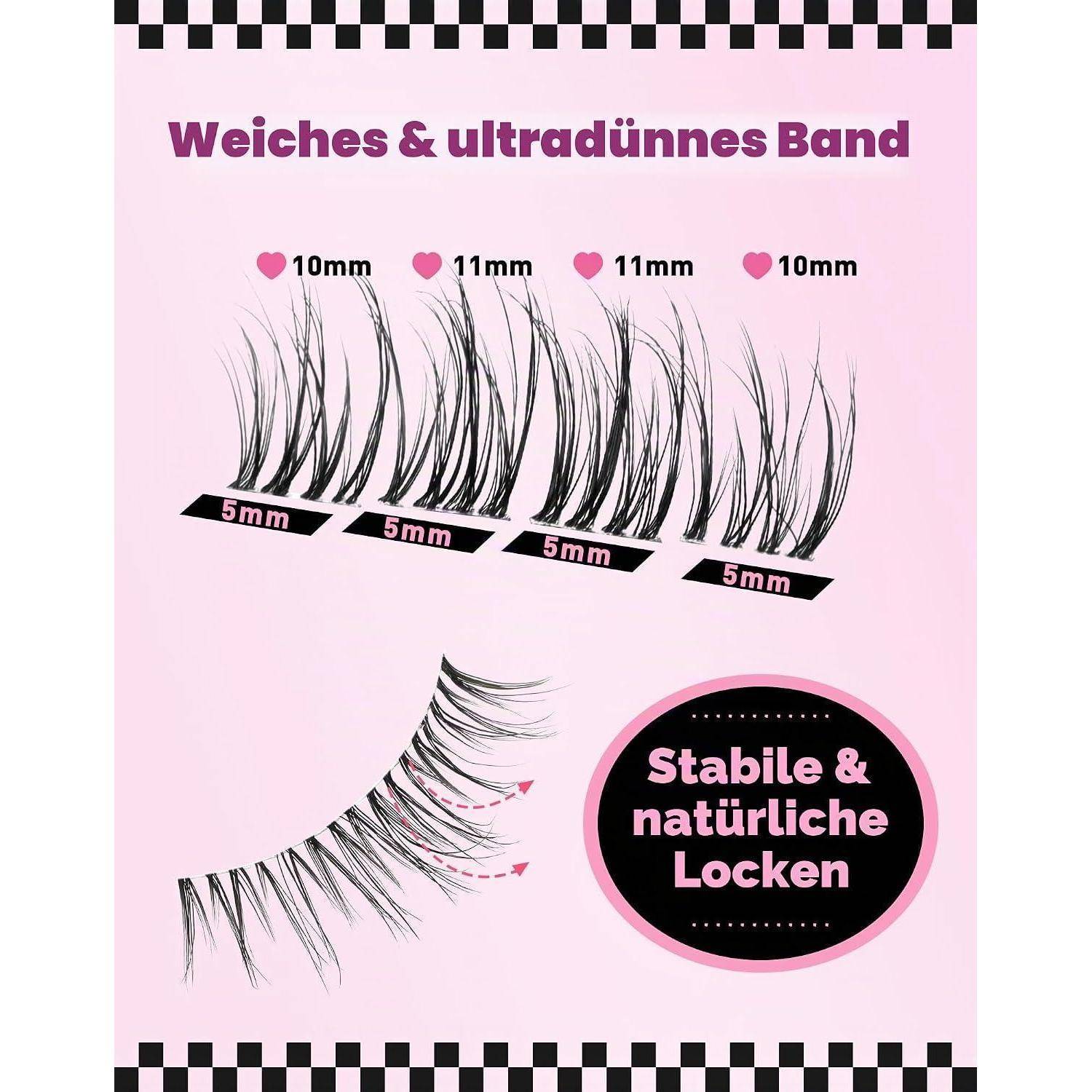 Rosa Produktgrafik zum Vergleich von Wimpernbändern und Lockenstilen, gekennzeichnet mit 