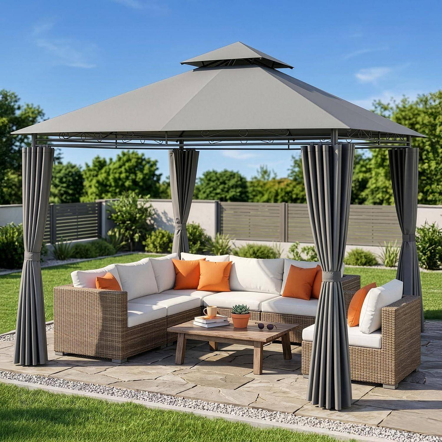 Outdoor-Terrasse mit einem Korbsektional, Couchtisch und grauem Pavillon-Baldachin in einem gestalteten Hinterhof mit Vorhängen und orangefarbenen Kissen.