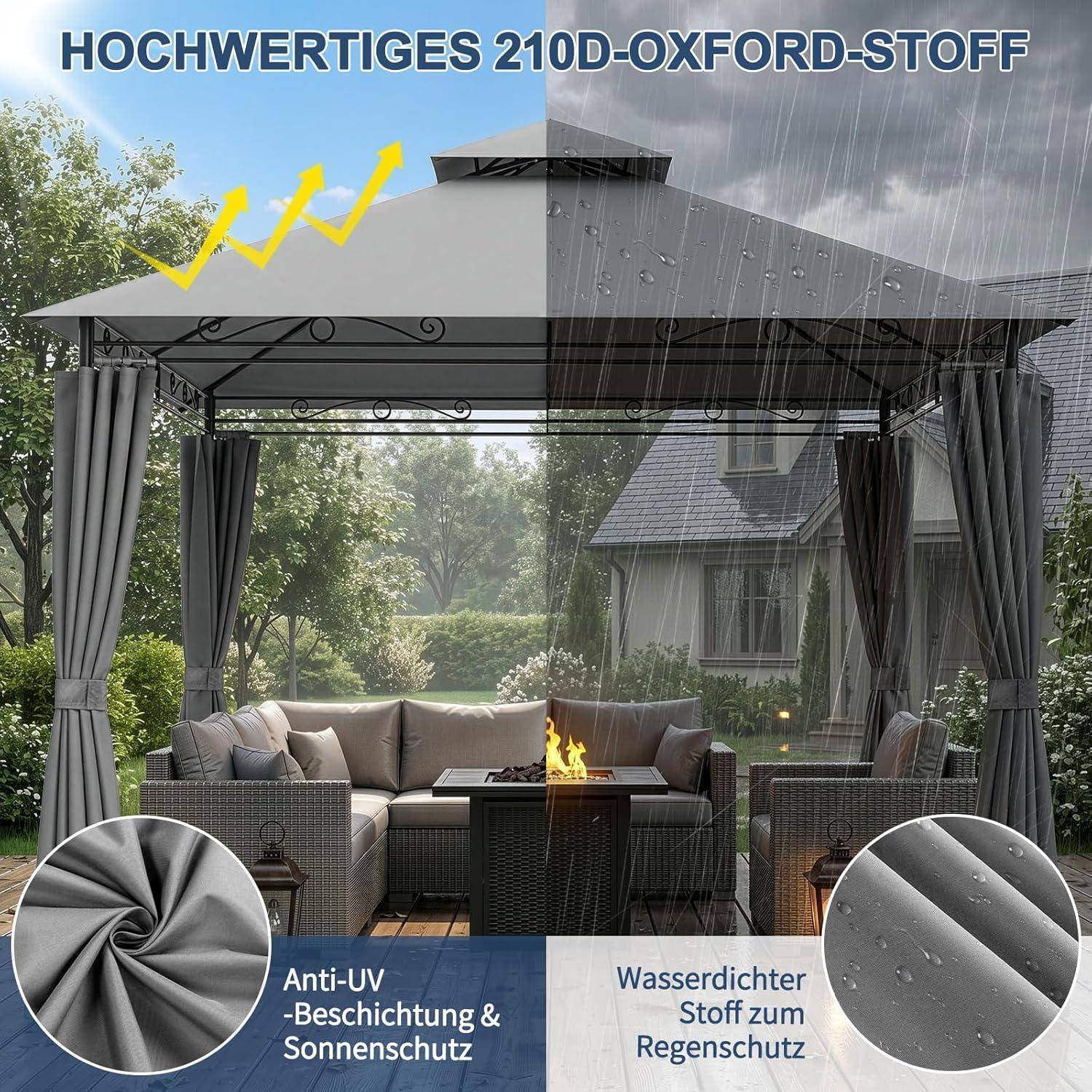 Outdoor-Pavillon mit '210D Oxford-Stoff', mit Hervorhebung der UV-Beständigkeit, des Sonnenschutzes und des wasserdichten Regenschutzes mit Stoffdetail-Einsätzen.