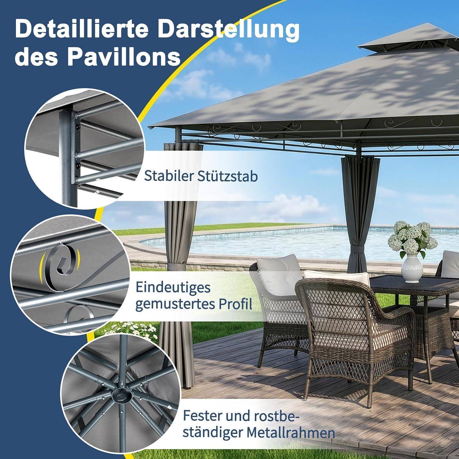 LEADZM Pavillon 3x3m, Stabiler Eisenrahmen, Wasserdicht Winddicht UV-Schutz, Gartenpavillon Outdoor Gazebo, mit 4 Seitenwänden,Partyzelt für Garten