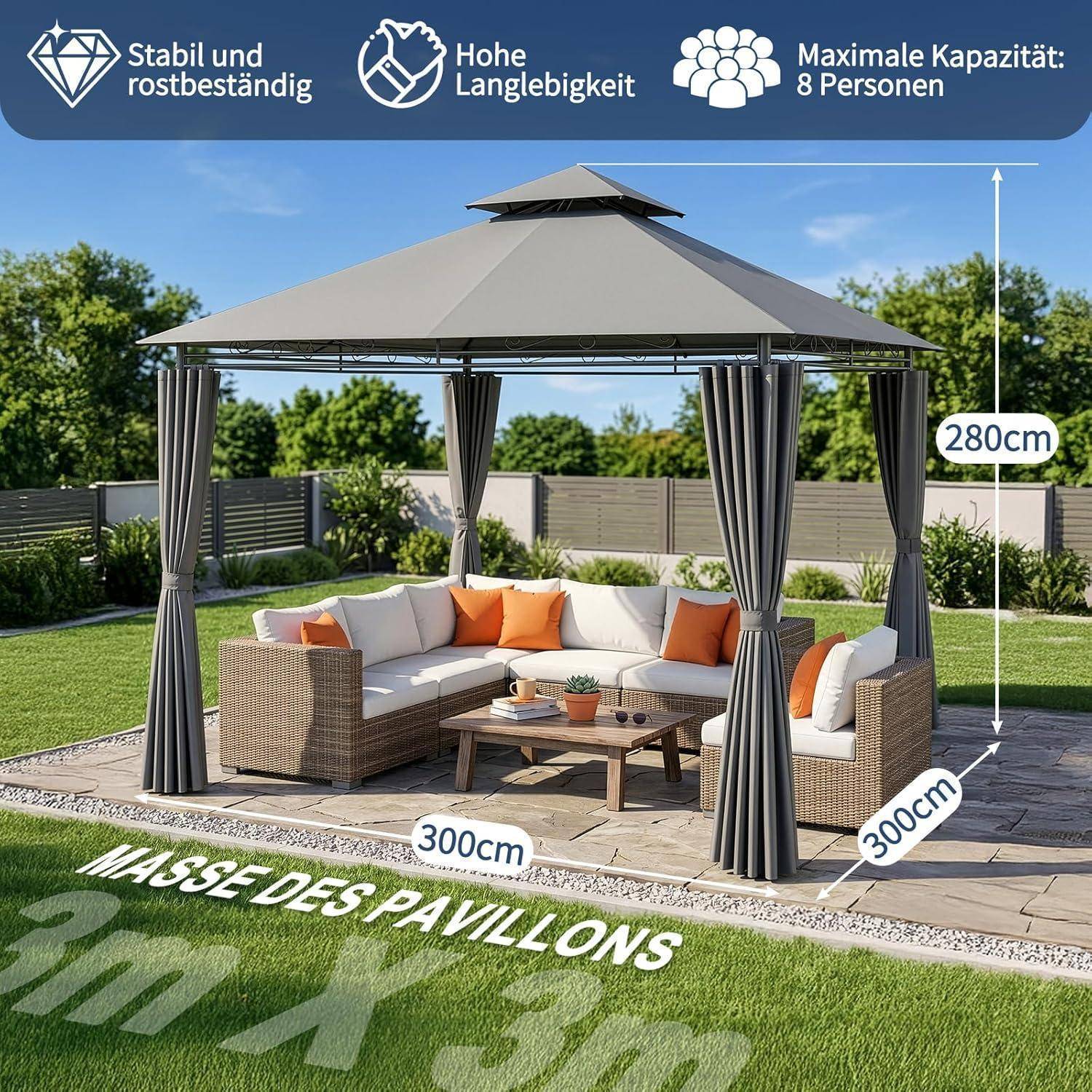 Outdoor-Pavillon mit Vorhängen über einem Sitzbereiche mit Ecksofa; gekennzeichnet als rostbeständig, langlebig, für 8 Personen ausgelegt und mit den Maßen 300 x 300 x 280 cm.