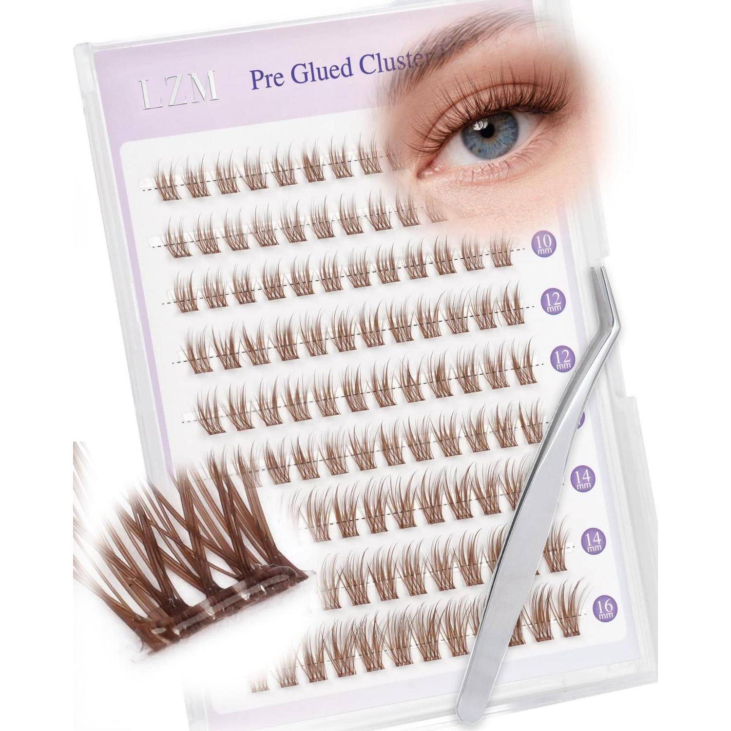 Paket mit vorgeklebten Cluster-Wimpernverlängerungen mit Pinzette und einer Augenillustration, die Wimpernlängen zeigt.