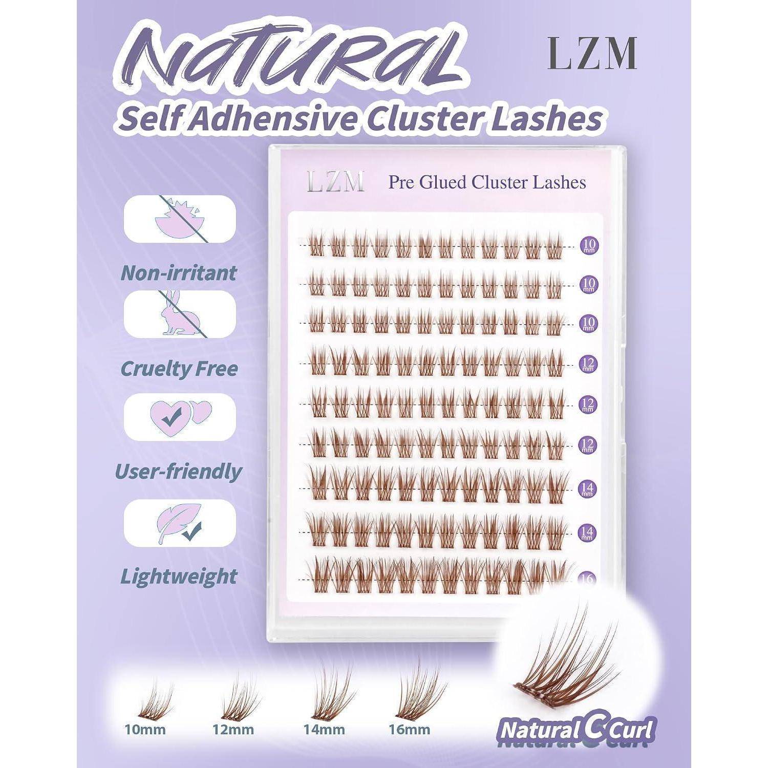 LZM Natürliche selbstklebende Cluster-Wimpern-Packung mit vorgeleinten Wimpern-Clustern, gekennzeichnet als nicht reizend, tierversuchsfrei, benutzerfreundlich, leicht und Natural C Curl in Längen von 10-16 mm.