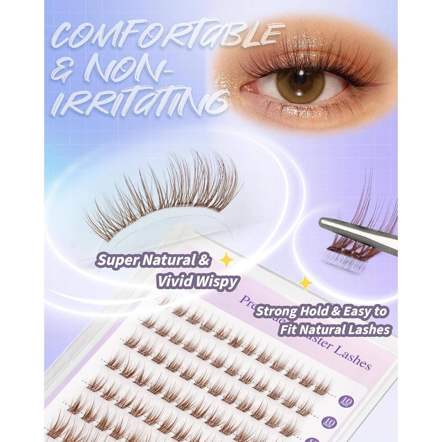 Werbebild für künstliche Wimpern mit einem Auge, einem Wimpernstreifen und einem Wimpernfach, mit Text „Komfortable & nicht reizend