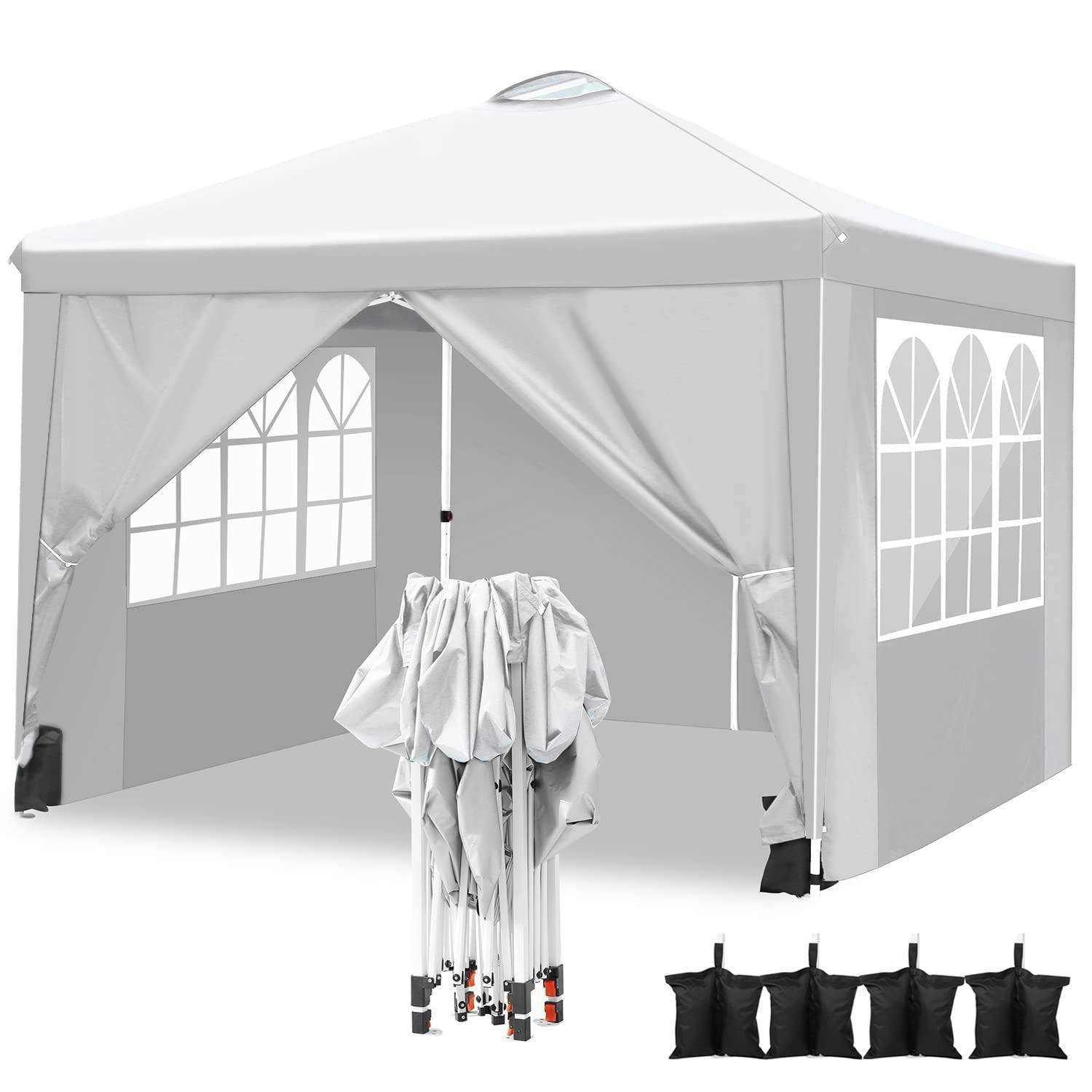 Grau klappbares Pavillon-Zelt mit Seitenwänden und Fenstern, gezeigt mit zusammengeklapptem Rahmen und schwarzen Tragetaschen, wahrscheinlich für Outdoor-Veranstaltungen.