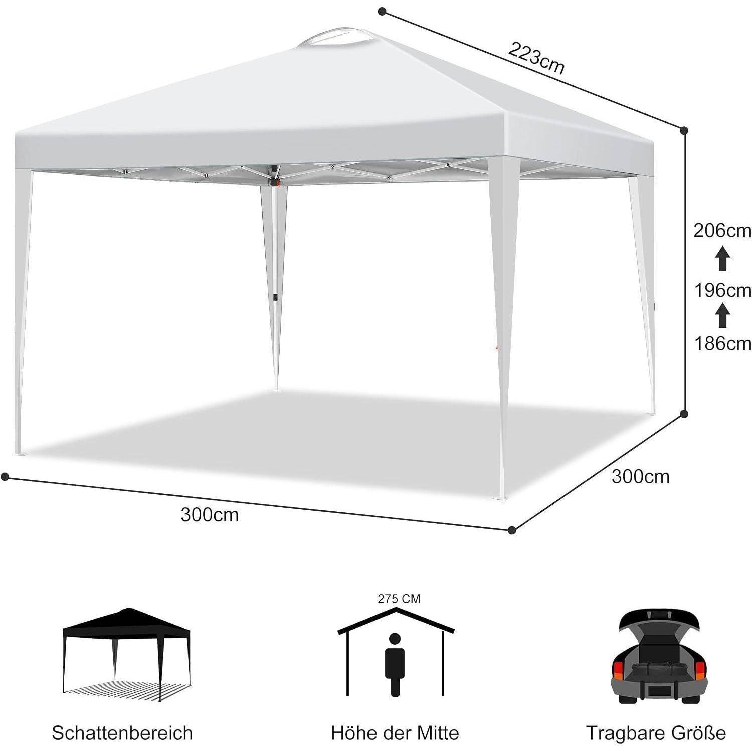 Illustration eines Pop-Up-Pavillons mit Abmessungen: 300 cm × 300 cm Grundfläche, 223 cm Dachform und verstellbare Höhen 186, 196 und 206 cm; enthält kleine Aufbau-Symbole und deutsche Beschriftungen.