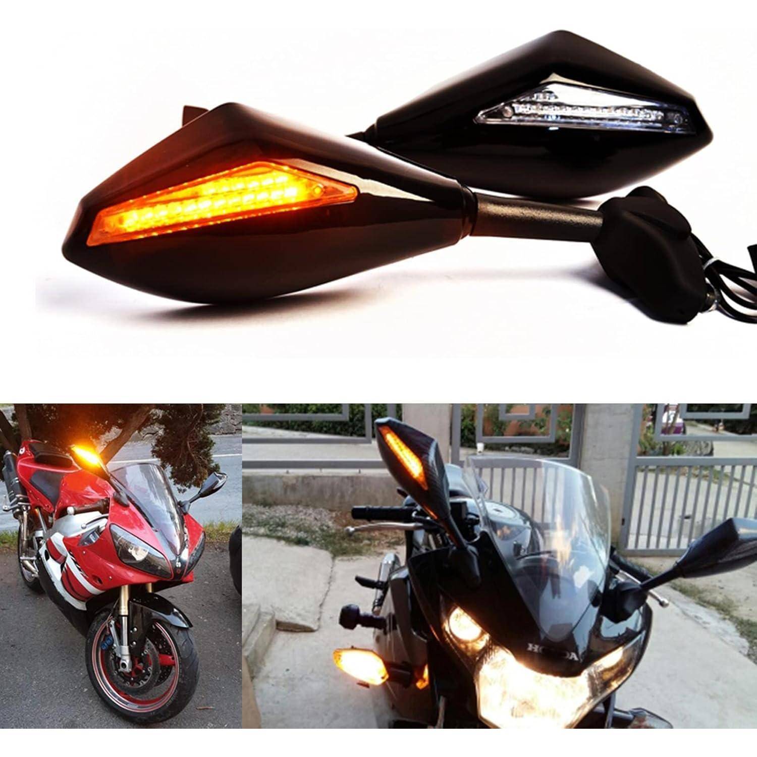LED-Motorrad-Blinkleuchten auf einem Motorrad gezeigt, mit leuchtenden bernsteinfarbenen Lichtern in einem Produktfoto und auf montierten Beispielen.