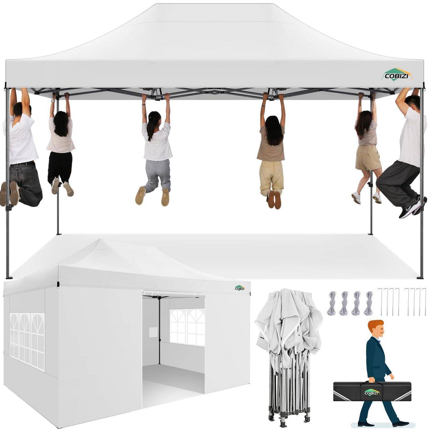 Menschen, die von einem großen weißen aufblasbaren Pavillon hängen, sowie ein zusammengefaltetes Eventzelt-Set mit Tragetasche und Zubehör.