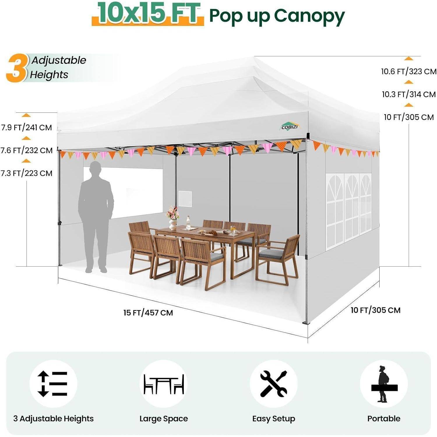 Illustration eines 3 x 4,5 m großen Pop-Up-Zelts mit 3 verstellbaren Höhen, das einen überdachten Essbereich zeigt und Symbole für großen Platz, einfachen Aufbau und Tragbarkeit enthält.