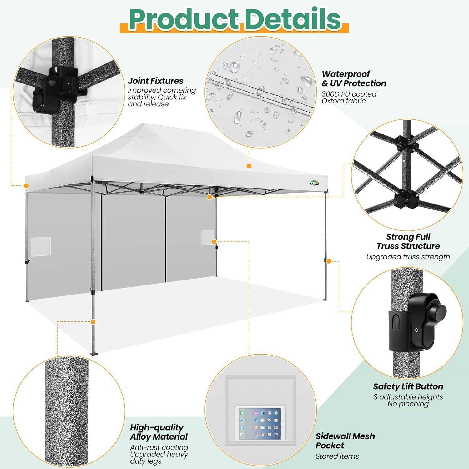 Produktdetails-Infografik eines weißen Popup-Baldachins mit Hervorhebung von Verbindungsfittings, wasserdichtem UV-geschütztem Stoff, Fachwerk-Struktur, Sicherheitshebtaste, Aluminium-Material und seitlicher Mesh-Tasche.