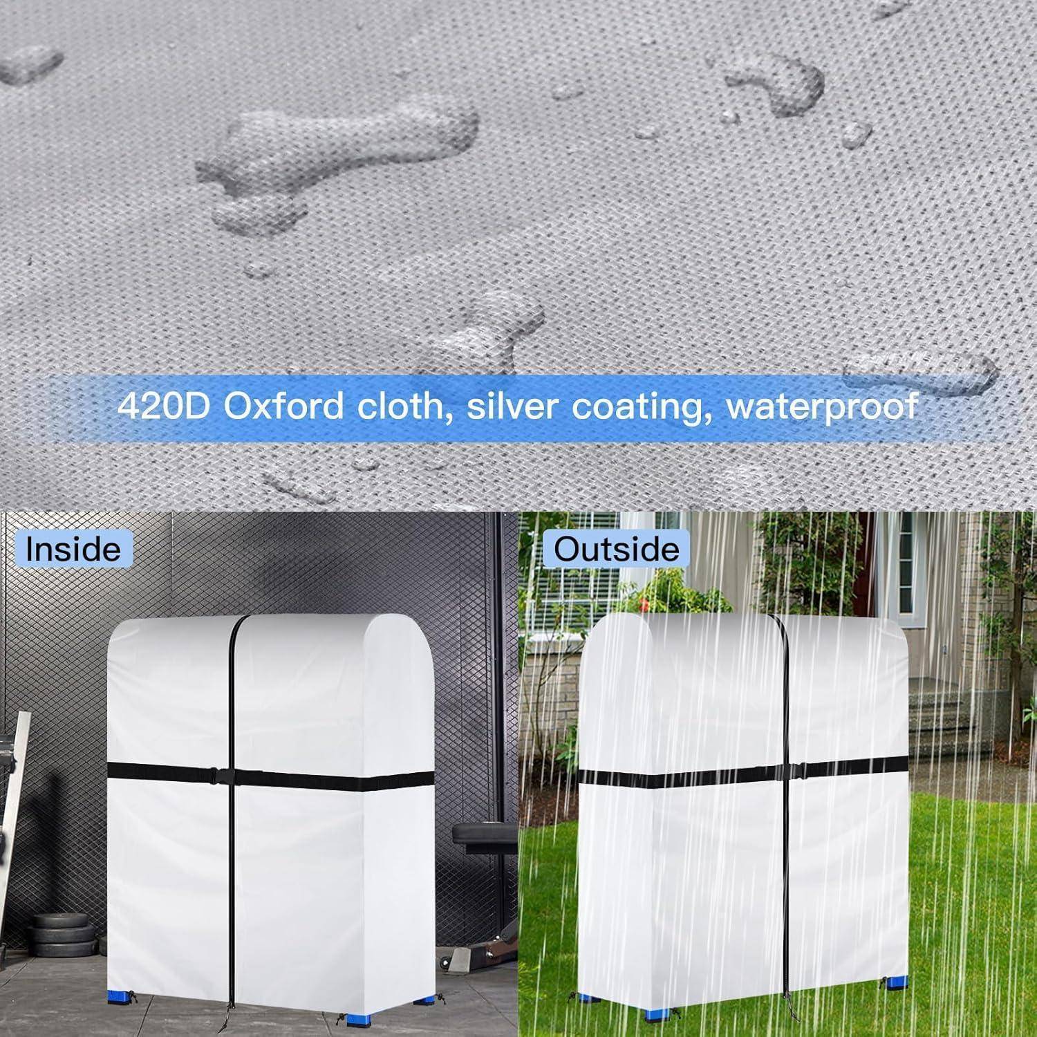 Wasserfestes 420D Oxford-Gewebe mit Silberbeschichtung, dargestellt beim Schutz eines abgedeckten Gegenstands im Innenbereich und bei starkem Regen im Freien.