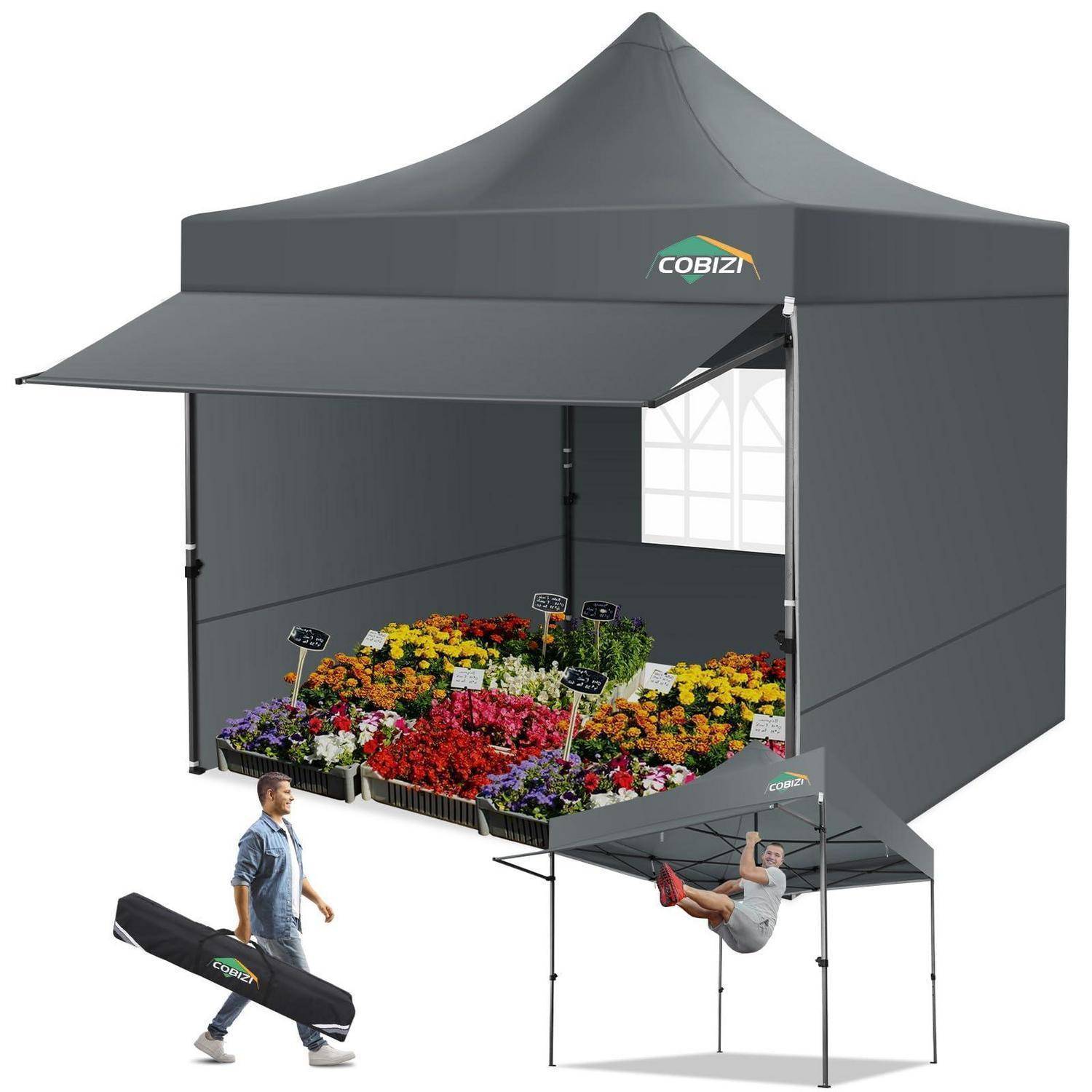 Grauer Pop-up-Marktzelt mit Seitenmarkise und Blumendisplay innen; kleineres Bild zeigt eine Person, die eine Zelttragetasche trägt, und ein Baldachin mit einer Person, die daran hängt.