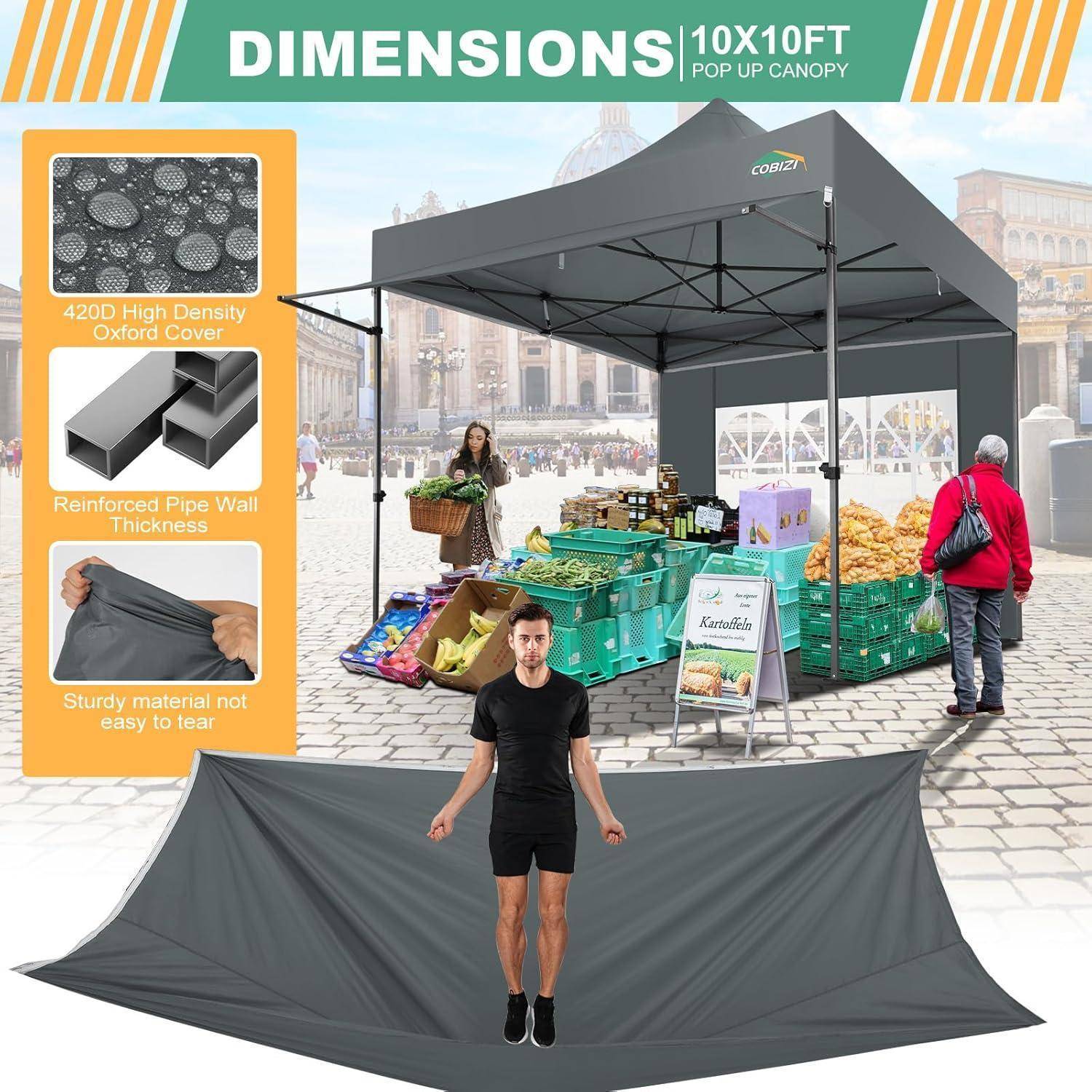 Werbebilder eines 10x10 Fuß Popup-Zeltes mit verstellbaren Beinen, Zeltgewebe-Details und einem Marktstand-Setup darunter.