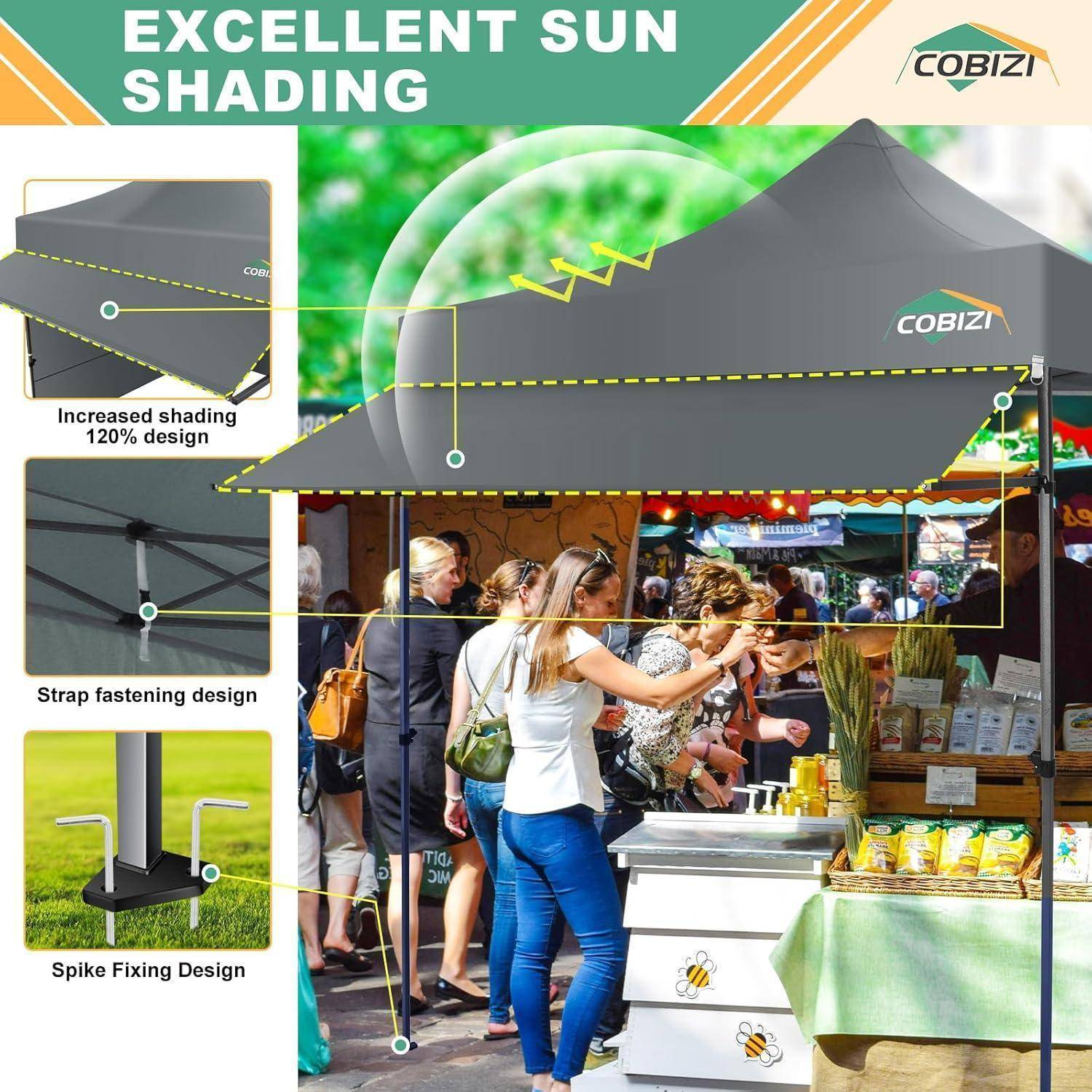 Werbebild eines COBIZI Pop-up-Baldachins mit der Aufschrift „HERVORRAGENDE SONNENSCHUTZ" mit Beschriftungen für verbesserten Schattenbereich, Riemenbefestigung und Spieß-Befestigungsdesign über einem Marktstand.