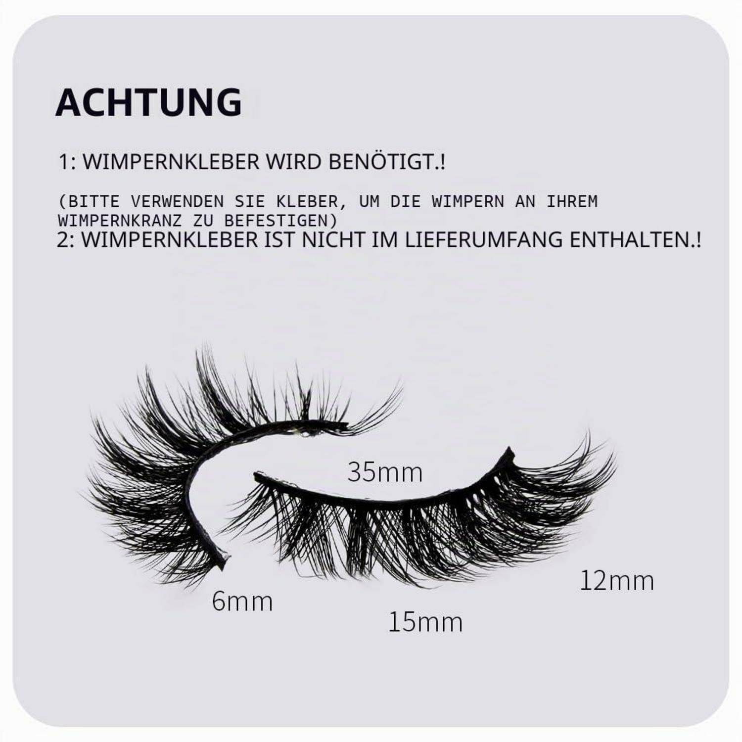 Wimpernkleber erforderlich und nicht enthalten. Das Bild zeigt zwei schwarze künstliche Wimpern mit den Bezeichnungen 35mm, 15mm, 12mm und 6mm.