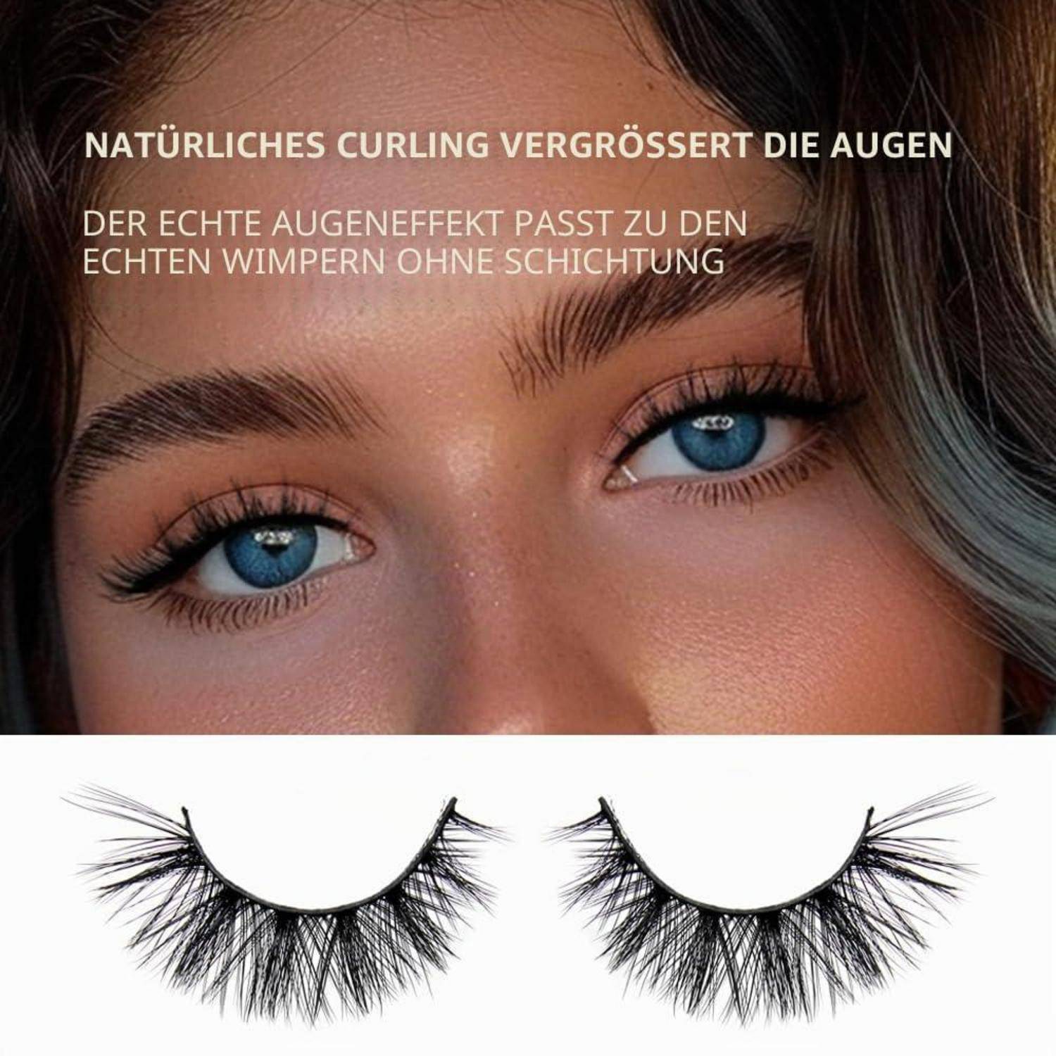 Werbebild mit blauen Augen und Text über natürliches Wölben, das Augen vergrößert, plus zwei schwarze Wimpernstile, die darunter auf weißem Hintergrund gezeigt werden.