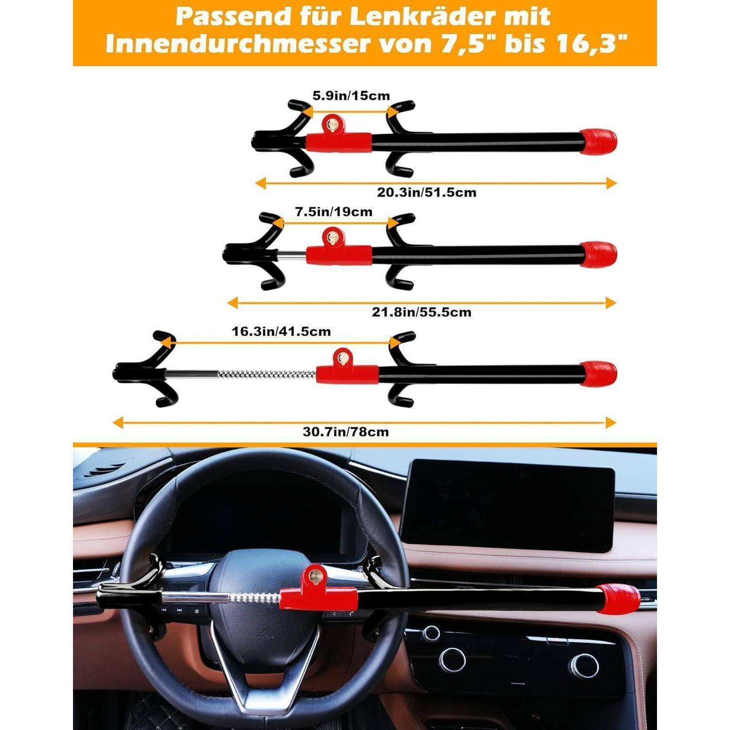 Diagramm zeigt eine universelle Lenkradsperre für Radabstände von 7,5–16,3 Zoll, mit verstellbaren Längen von 20,3, 21,8 und 30,7 Zoll, abgebildet auf einem Autolenkrad.