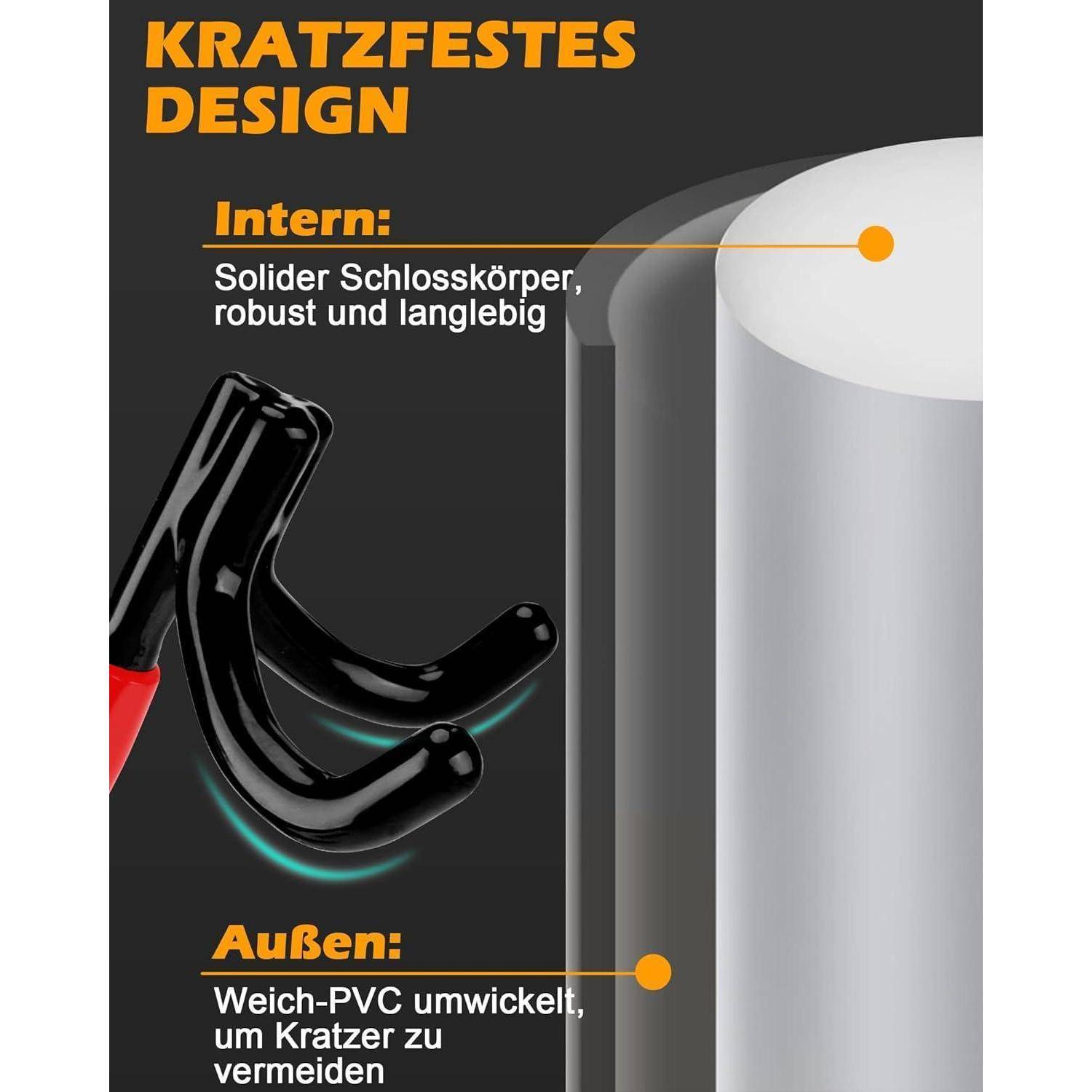 Werbegrafik eines kratzfesten Designs für einen Schließzylinder, der einen inneren Vollmetallkern und eine äußere weiche PVC-Beschichtung zur Kratzvermeidung zeigt.