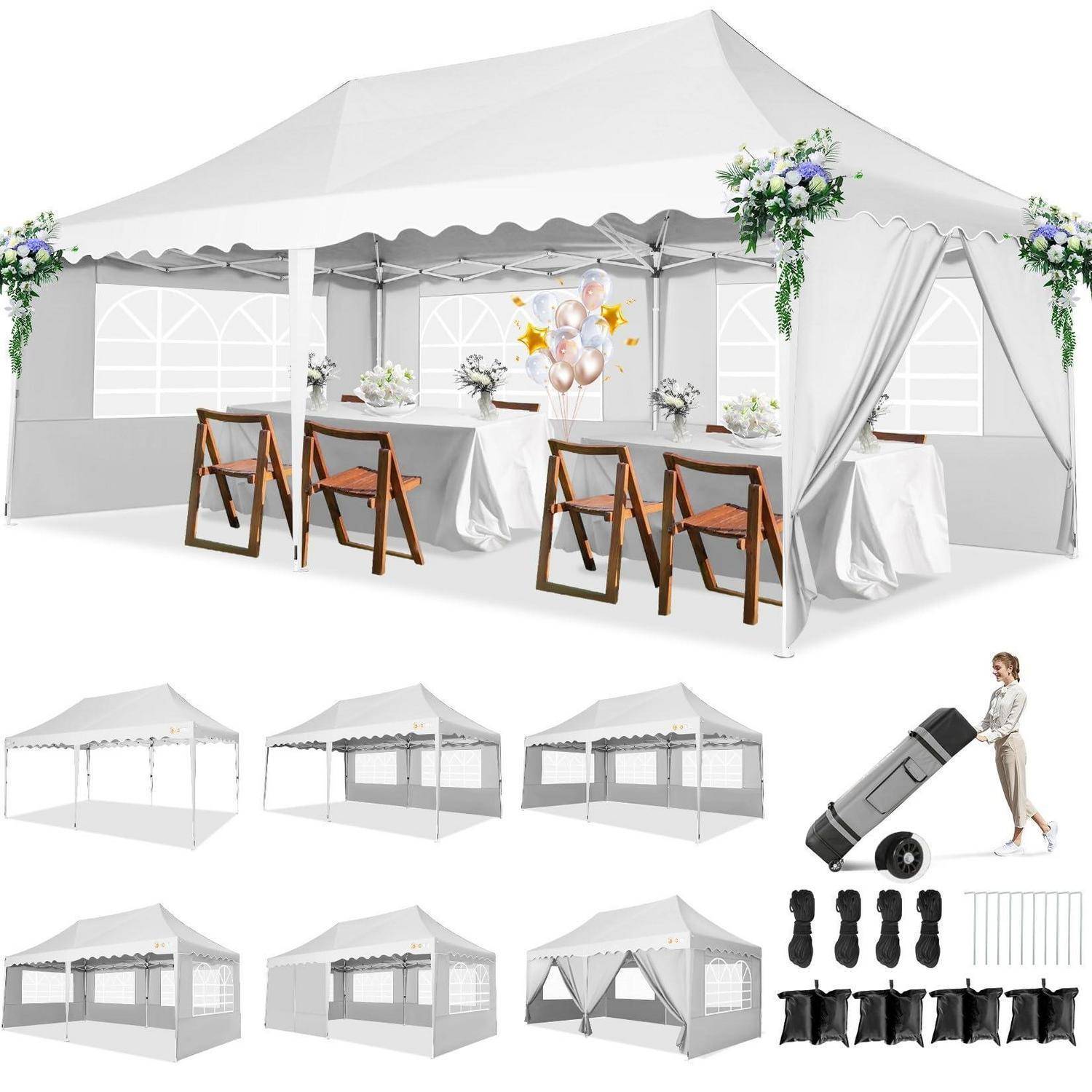 Weißes Ereignis-Pavillon-Zelt mit drapierter Seite und Tischen im Inneren, dargestellt mit Aufbauphasen, Lagertaschen, Heringen und Rollen-Transporttasche.