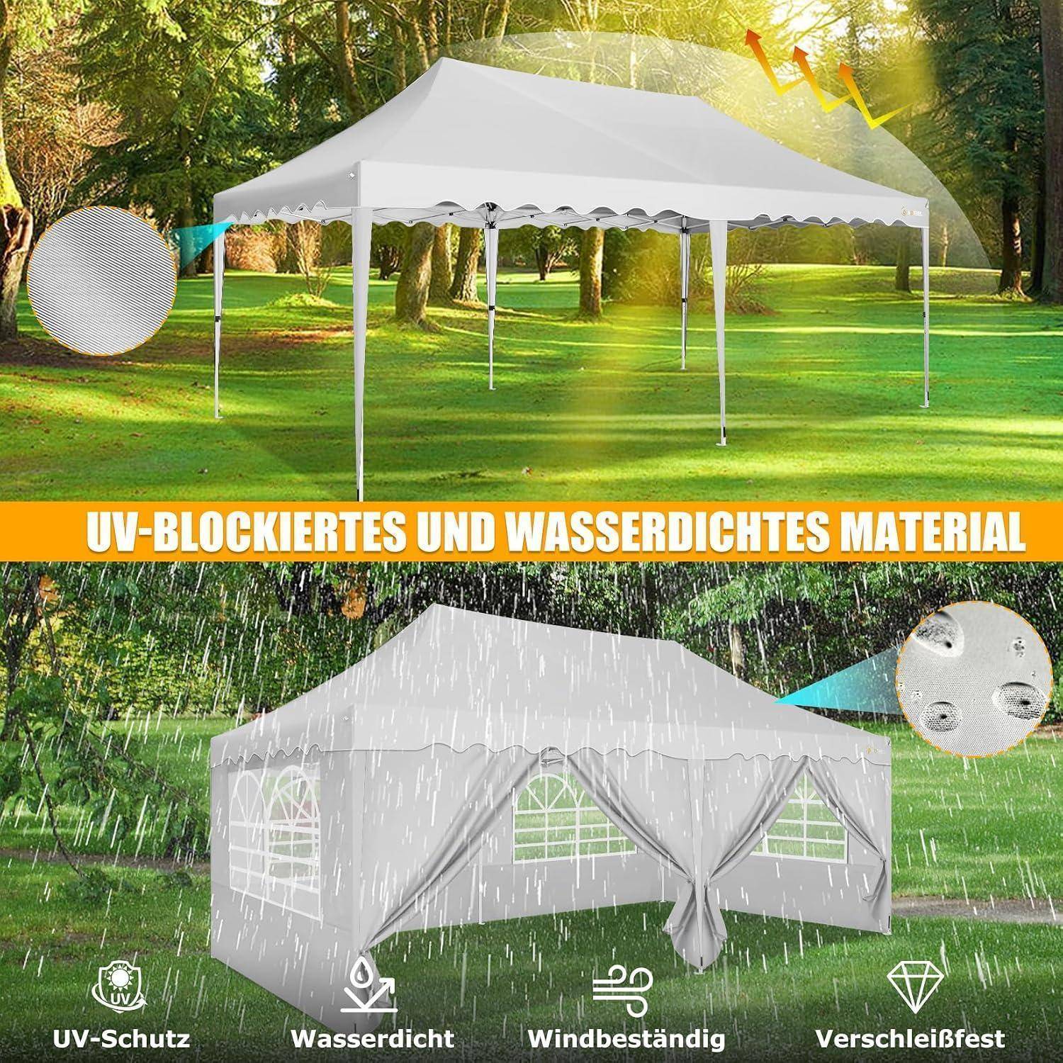 Werbegrafik, die ein weißes Pavilion-Zelt in einem sonnigen Park und bei starkem Regen zeigt und UV-Blockierung, Wasserdichtigkeit, Windbeständigkeit und langlebiges Material hervorhebt.