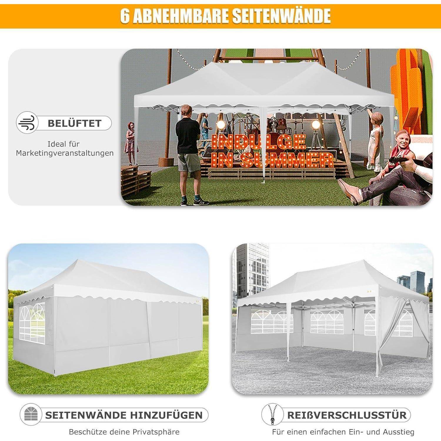 Werbegrafik für ein weißes Pavillon-Zelt mit „6 abnehmbare Seitenwände" mit Beispielen von belüfteten Wänden, zusätzlichen Seitenwänden und einer Reißverschlusstür für Veranstaltungen.