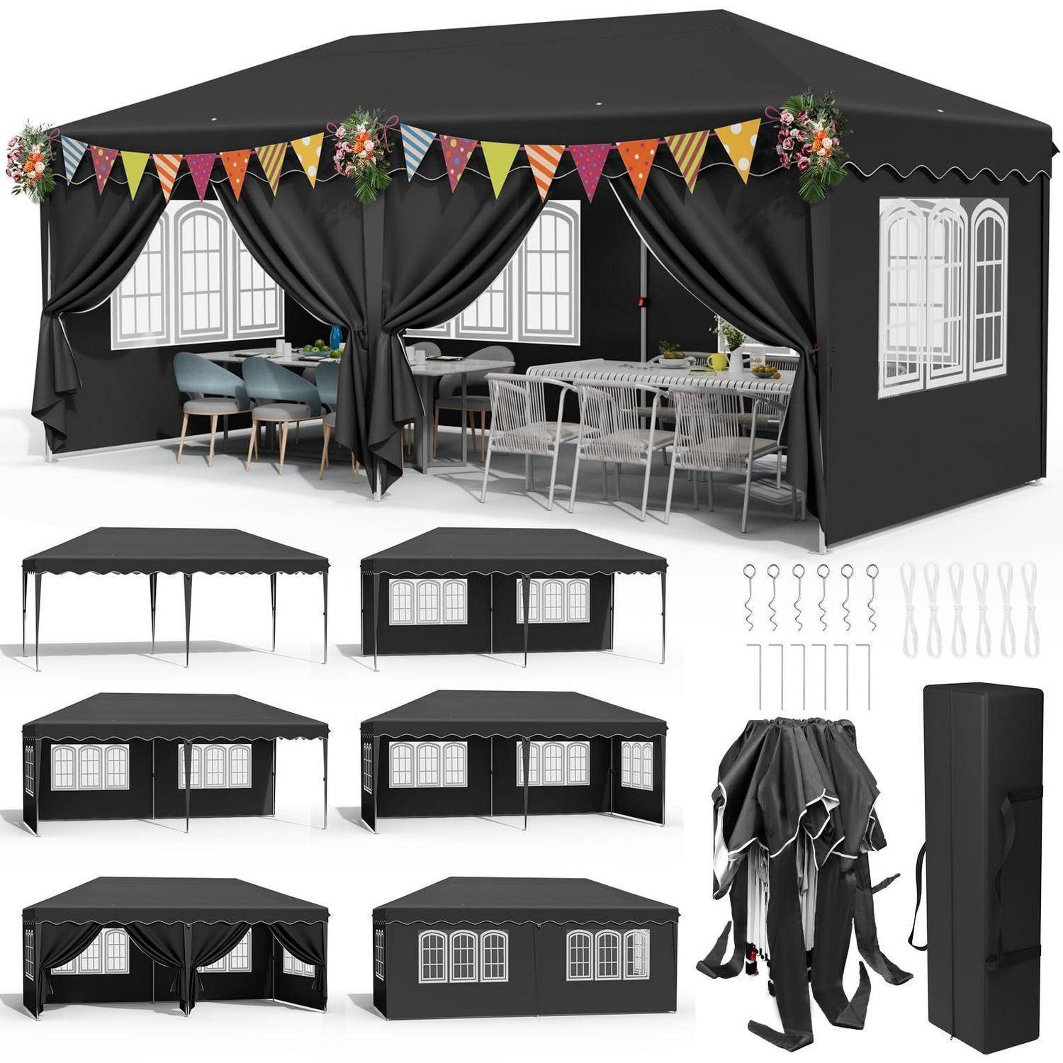 Schwarzes Outdoor-Pavillon-Zelt mit Vorhängen und dekorativen Wimpeln, montiert mit Fenstern und Tischen sowie kleinere Ansichten von Aufbau, Zubehör und Aufbewahrungstasche.