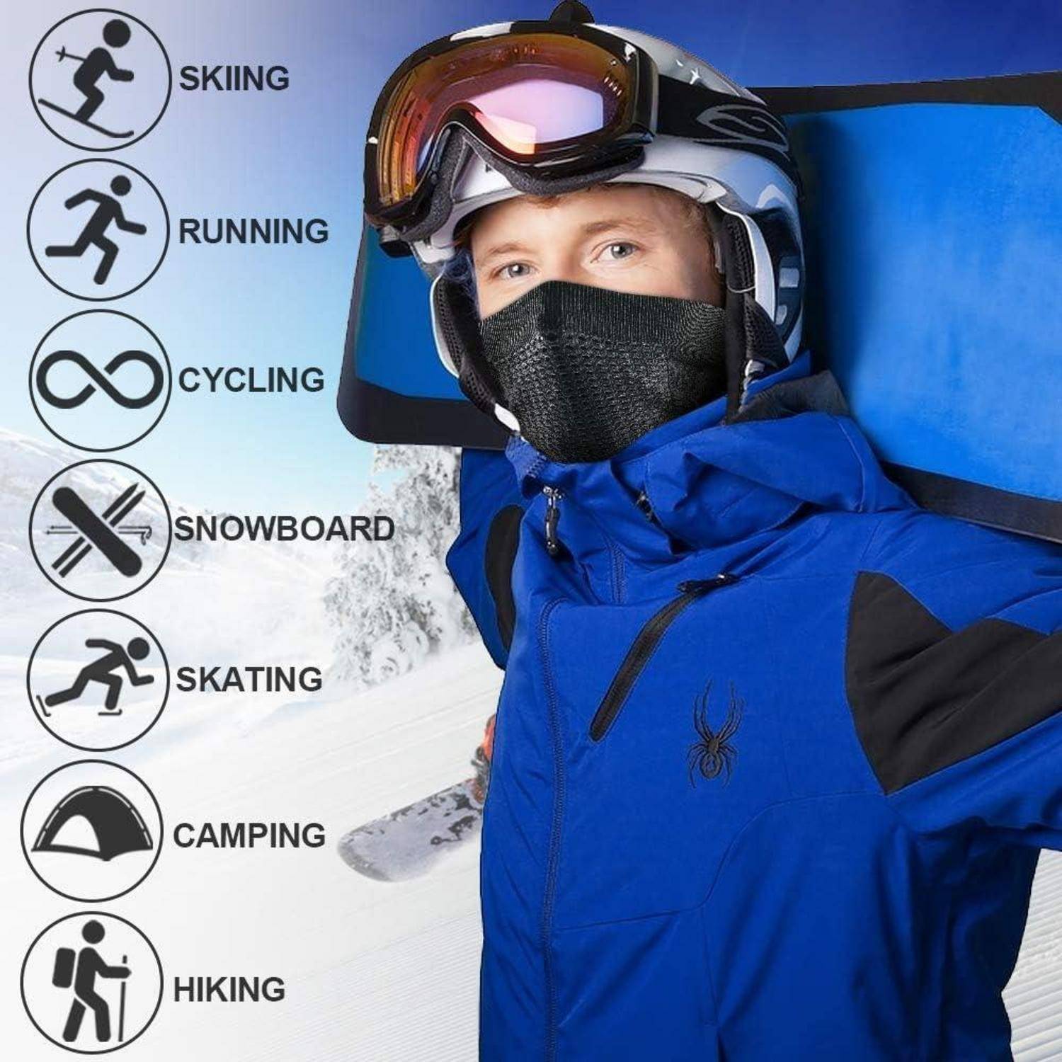 Maskierter Skifahrer in blauer Winterausrüstung und Skibrille, neben Symbolen, die Aktivitäten aufzählen: Skifahren, Laufen, Radfahren, Snowboard, Eislaufen, Camping und Wandern.