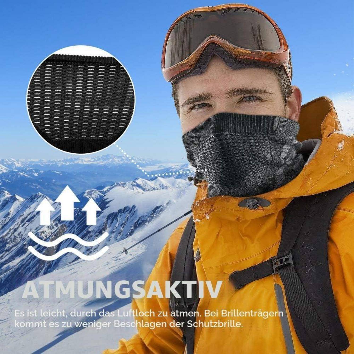 Skifahrer in Schutzbrille und Gesichtsmaske auf verschneitem Berg, mit eingefügter Nahaufnahme von atmungsaktivem Stoff und deutschem Text „ATMUNGSAKTIV