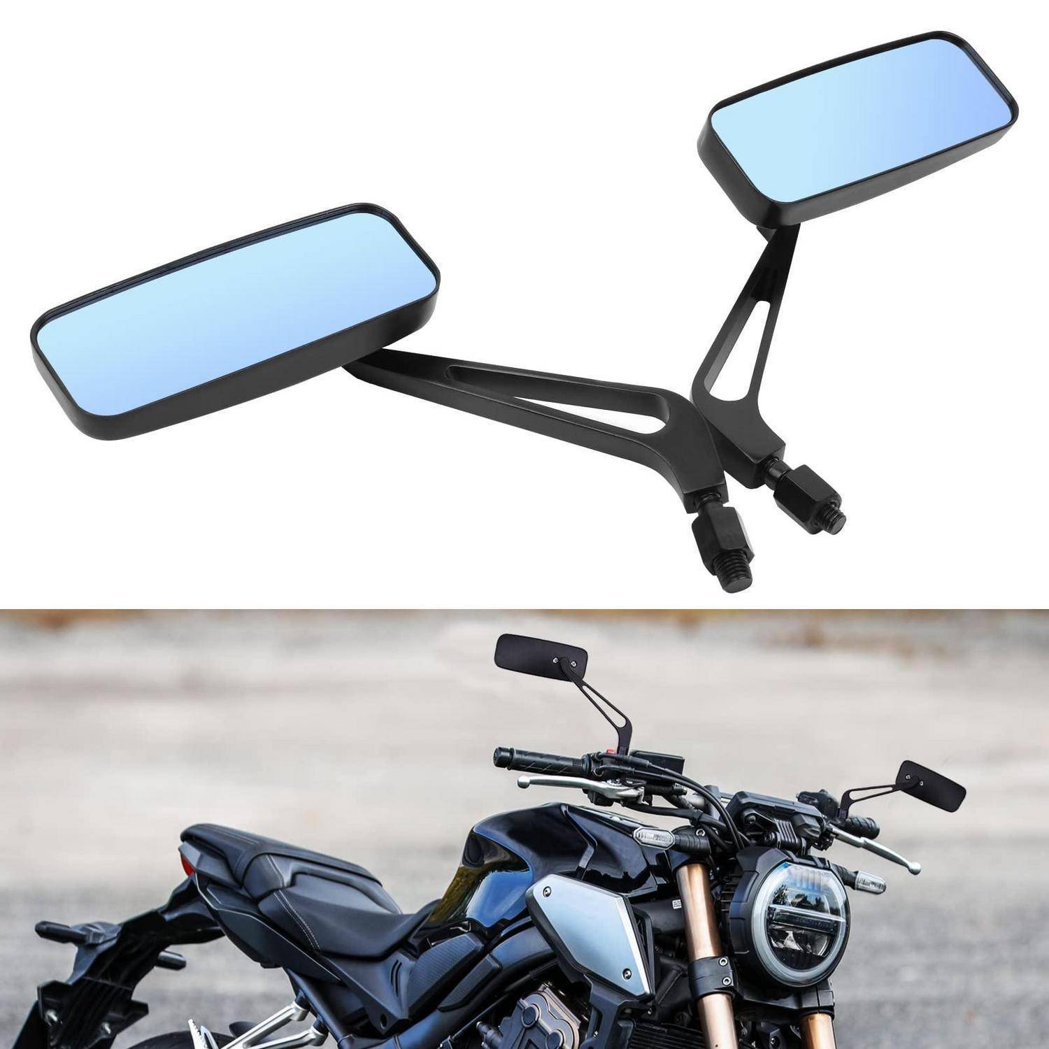 Paar schwarzer Motorrad-Lenkerrspiegel mit blaugetönten reflektierenden Flächen; das untere Bild zeigt sie montiert an einem schwarzen Motorrad.