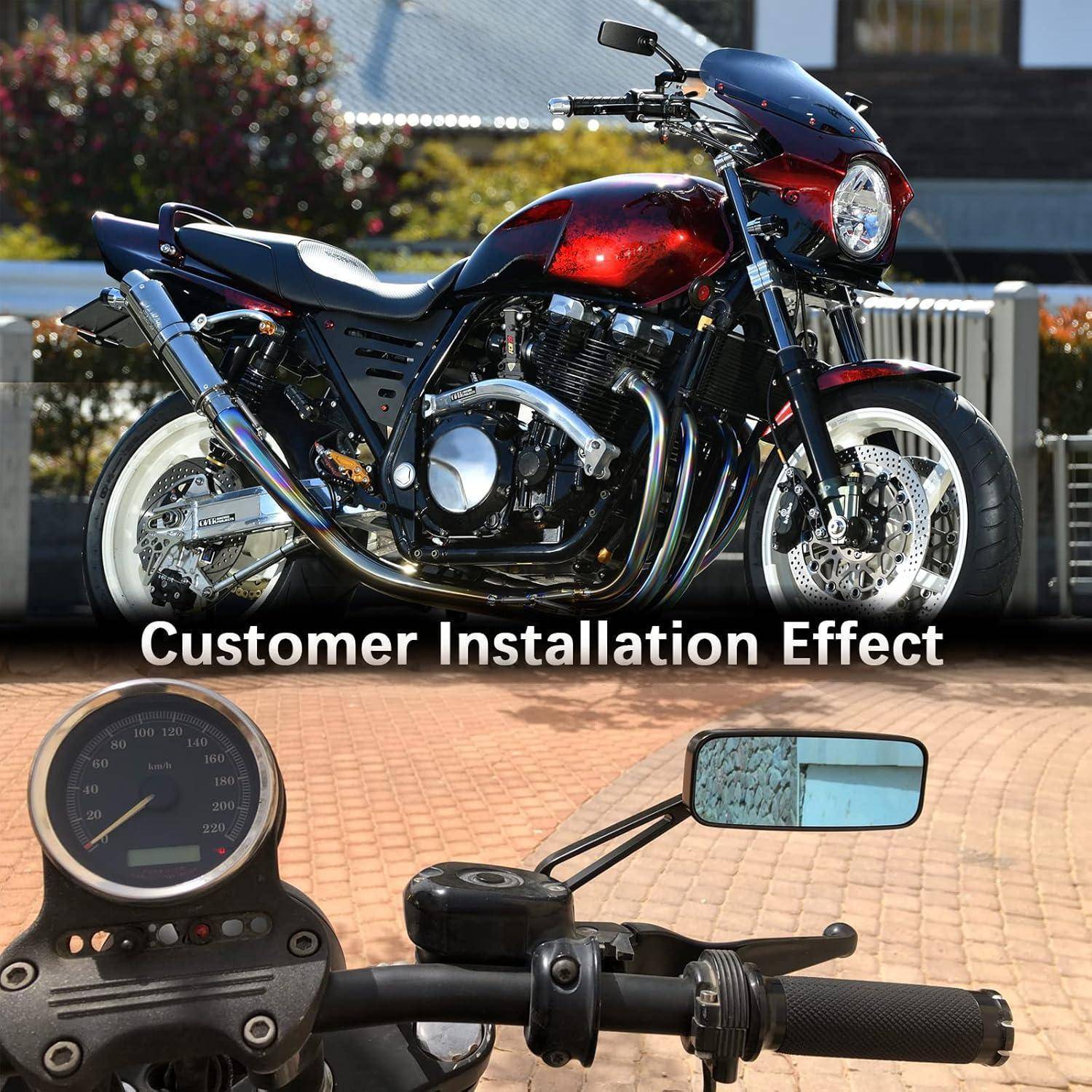 Benutzerdefinierte Motorradansicht mit einem rot-schwarzen Motorrad sowie eine Nahaufnahme des Lenkers, die ein rundes Tachometer und einen Spiegel zeigt; die Bildunterschrift lautet „Kundeninstallationseffekt