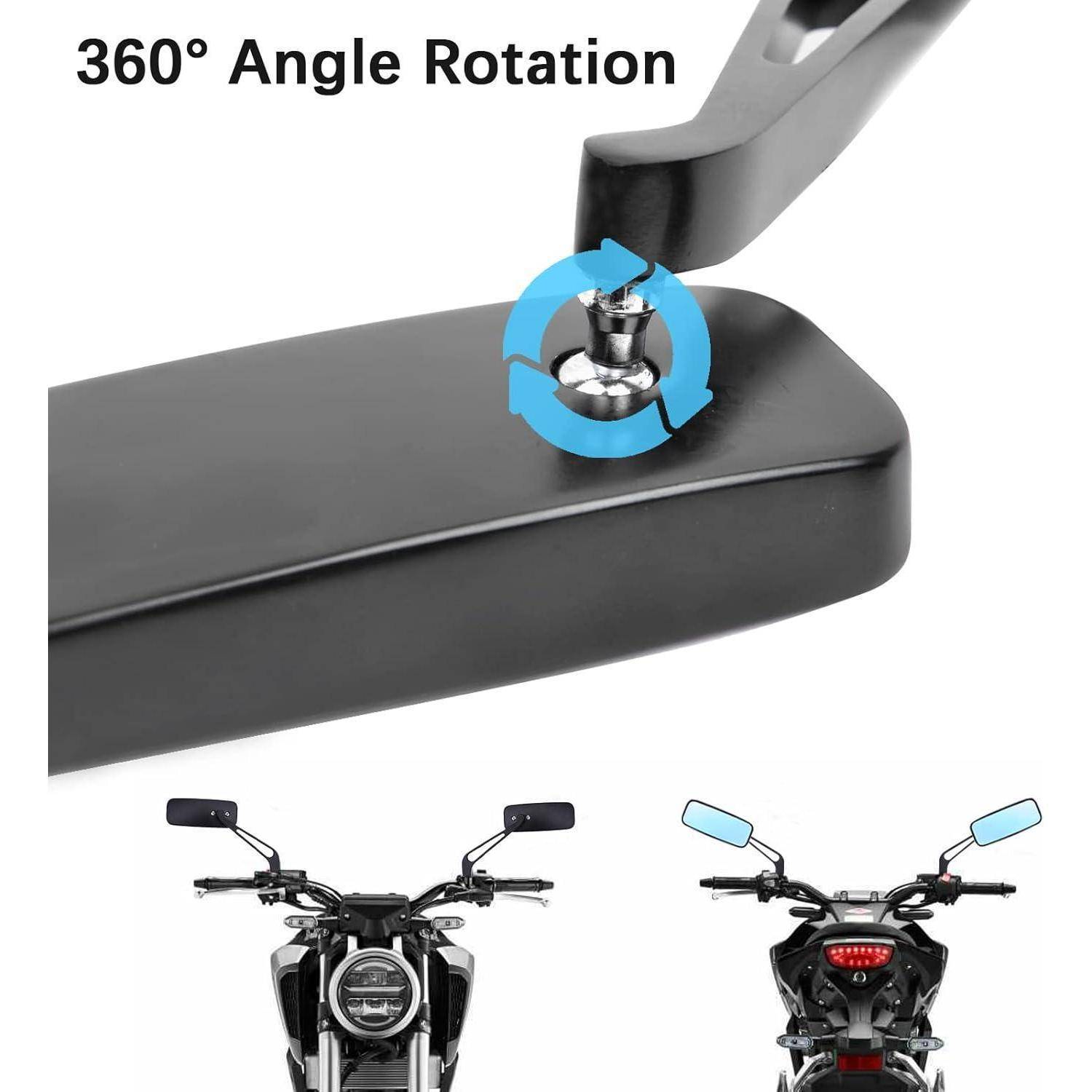 Werbegrafik mit einer Motorradspiegelbefestigung mit dem Text „360° Winkelrotation