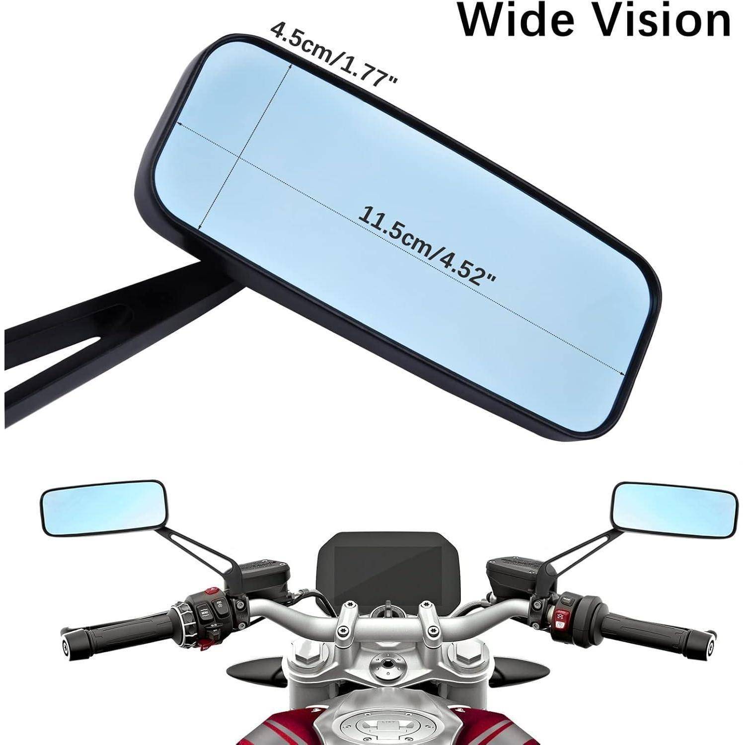Wide Vision Motorrad-Rückspiegel mit blaugetöntem rechteckigem Glas, beschriftet mit 11,5 cm x 4,5 cm, dargestellt montiert auf Lenkerstangen.