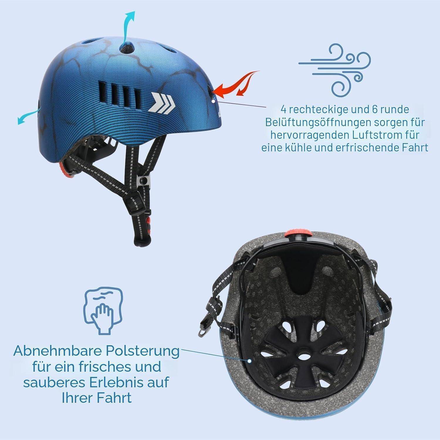 Blauer Fahrradhelm mit 4 Belüftungsöffnungen für Luftzirkulation und abnehmbarem Polster für Frische und einfache Reinigung; Vorder- und Innenansichten werden gezeigt.