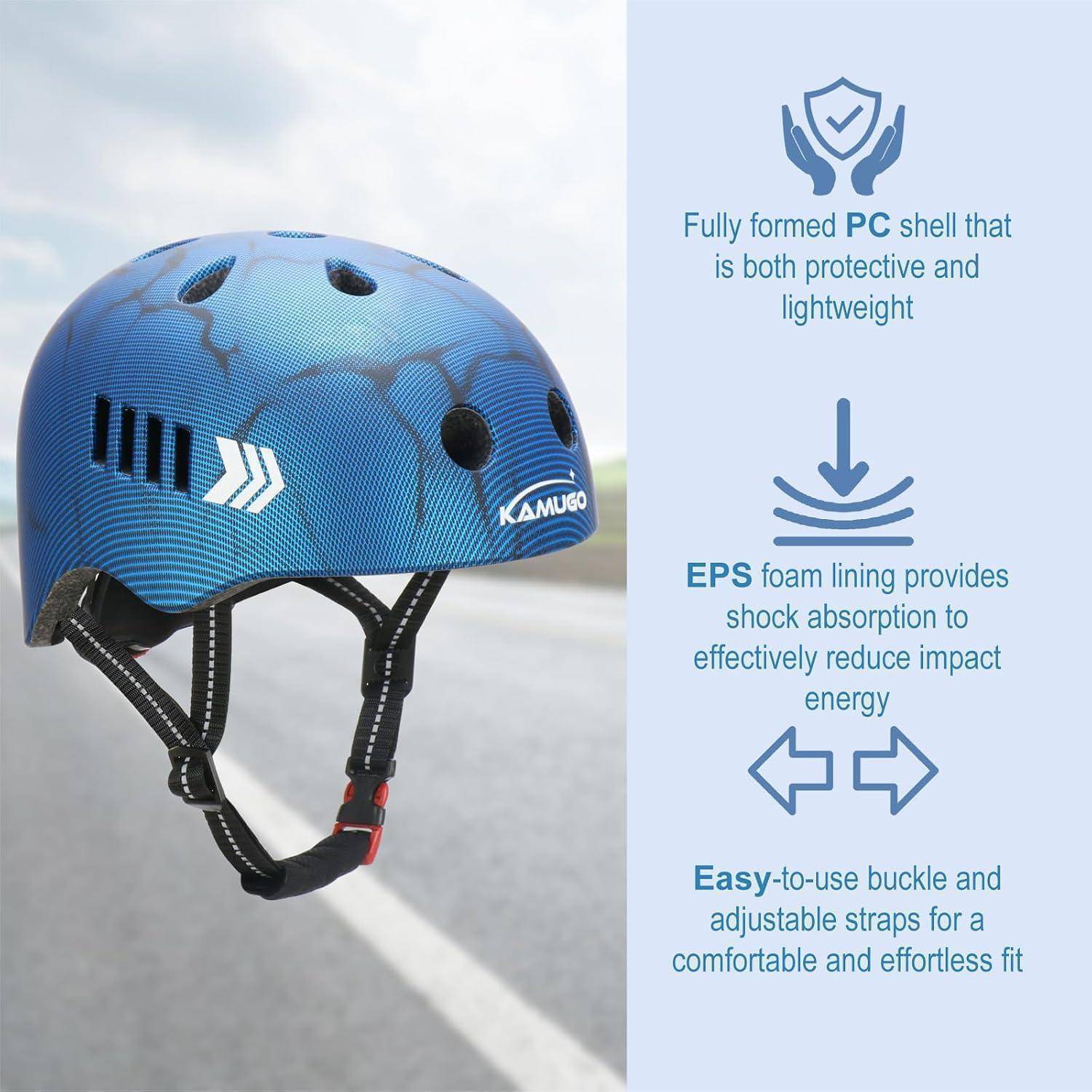 Blauer Fahrradhelm mit Belüftung und verstellbarem Riemen; der Seitentext hebt die schützende leichte PC-Schale, EPS-Schaum-Stoßdämpfung und einfach zu bedienende Schnalle und Riemen hervor.